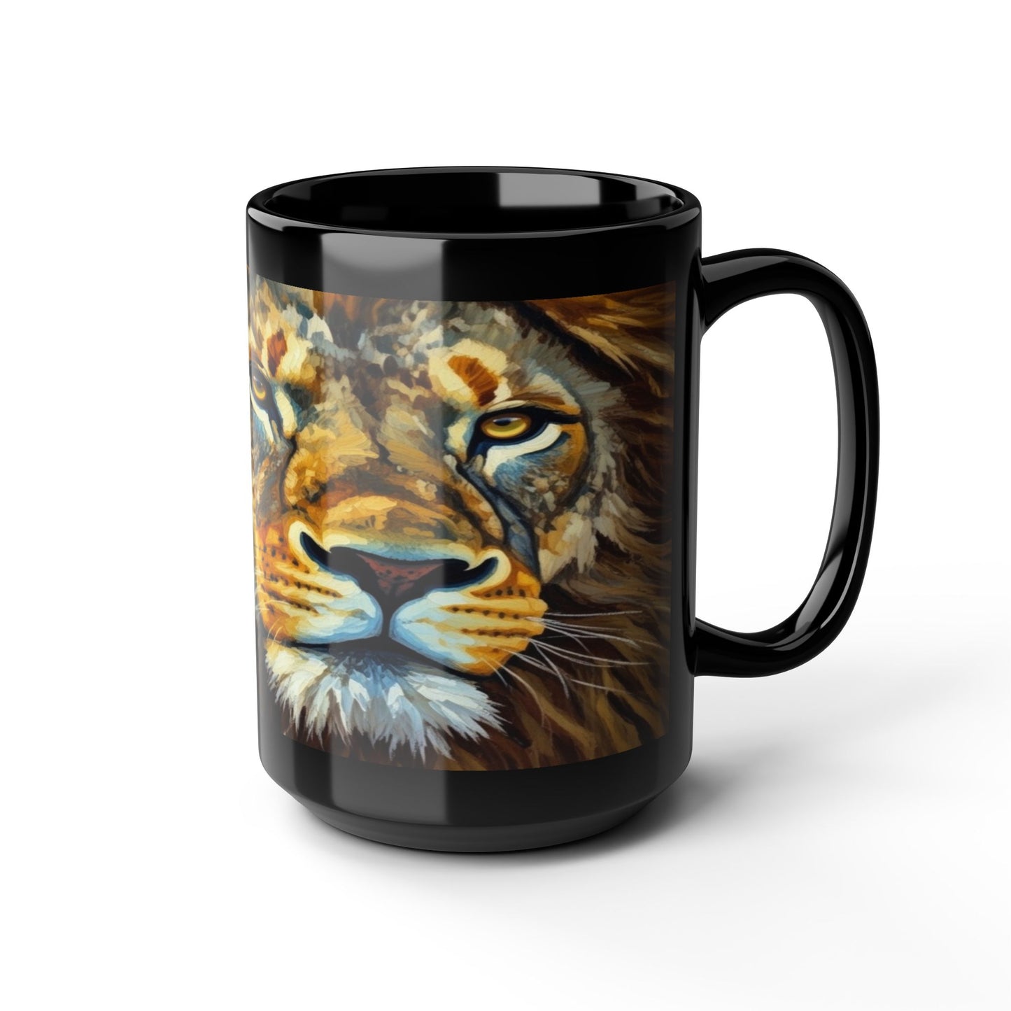 Lion Portrait Black Ceramic Mug — Majestic Wildlife Coffee Cup (11oz, 15oz)