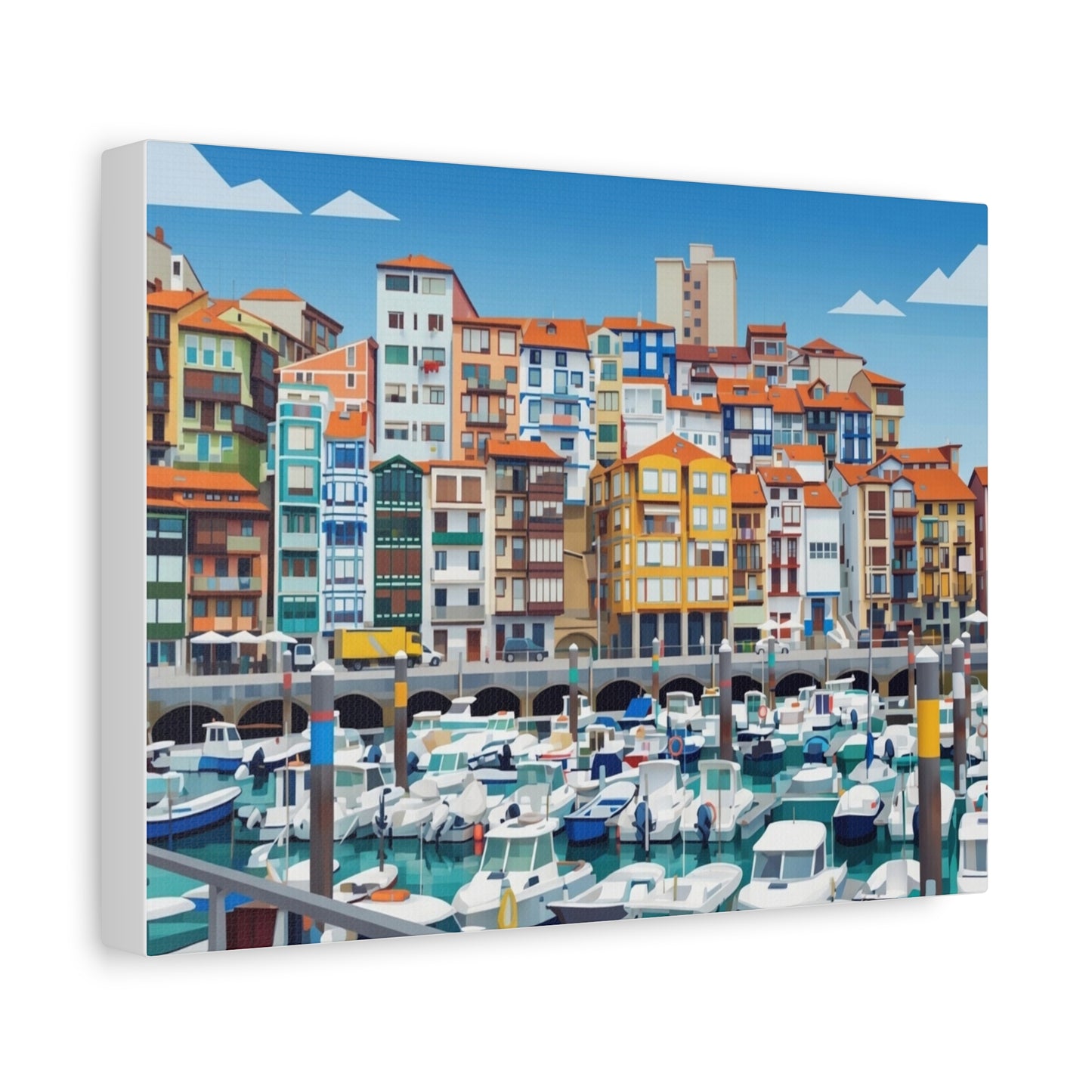 Colorful Coastal Harbor Matte Canvas Print — Stretched Wall Art