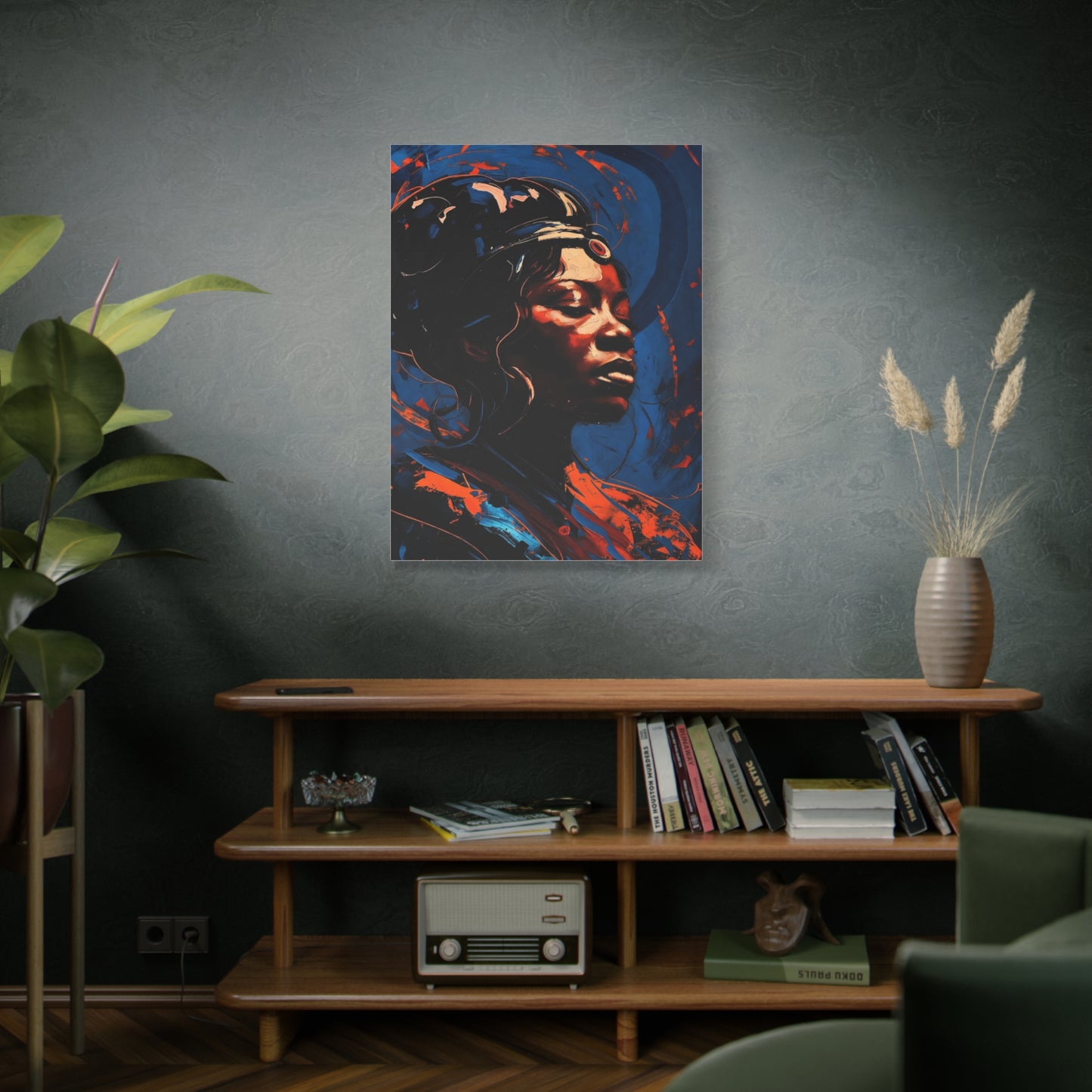Regal Afrocentric Portrait Matte Canvas Art – Vibrant Blue & Orange Stretched Wall Decor