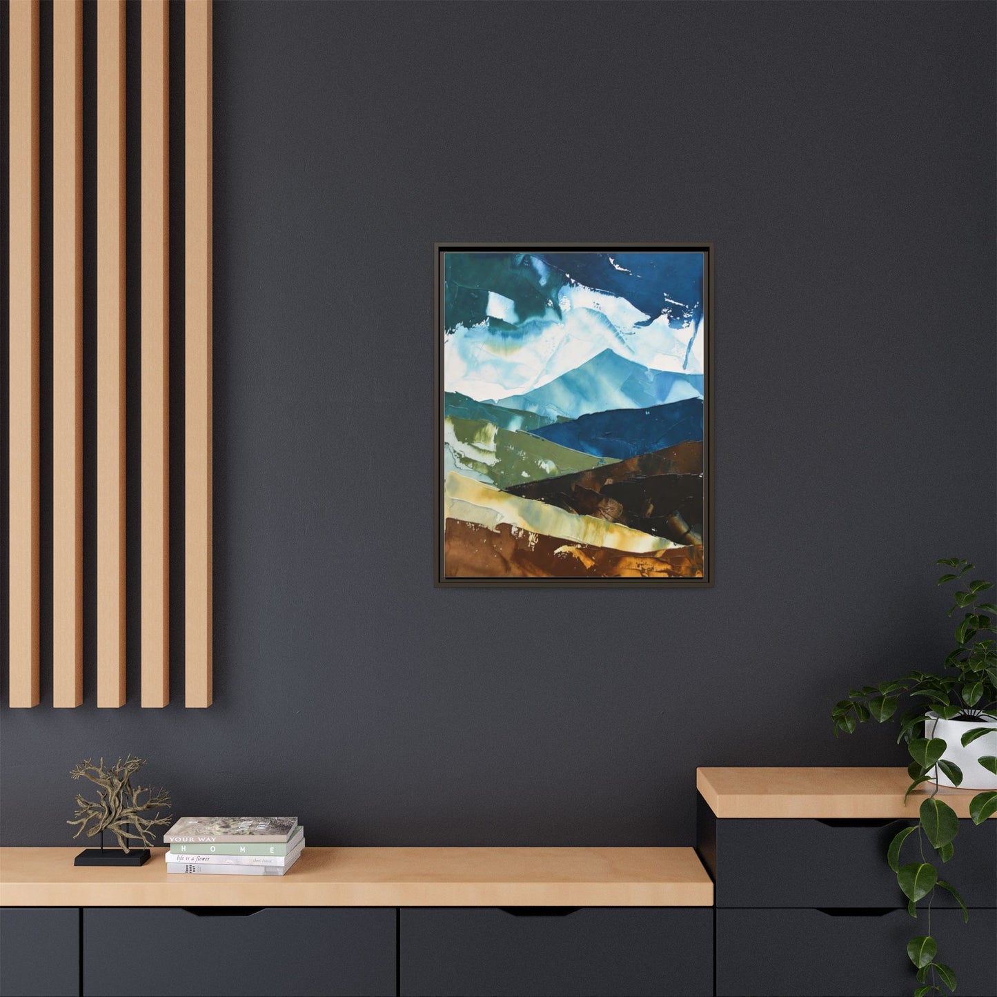 Framed Abstract Mountain Canvas Art — Blue & Earthtone Landscape Print