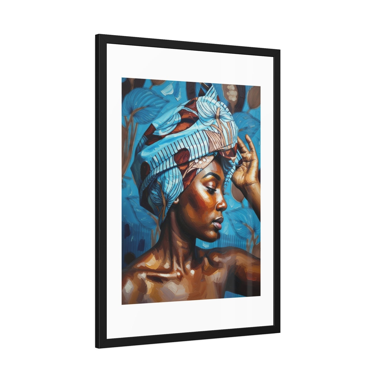 Framed Art Print — Portrait of Woman with Blue Headwrap (Gallery Wall Decor)