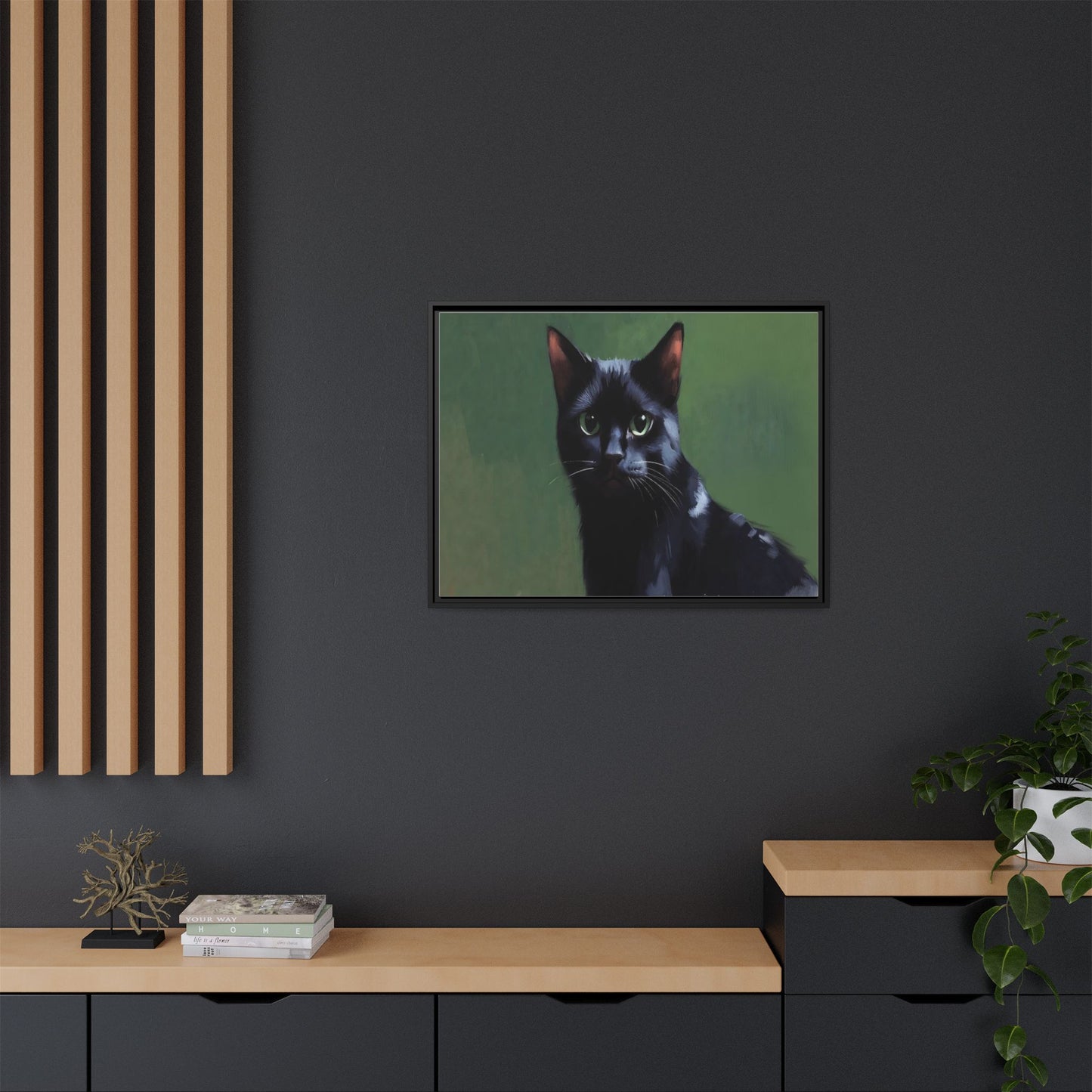 Framed Black Cat Portrait Canvas — Matte Multi-Color Wall Art