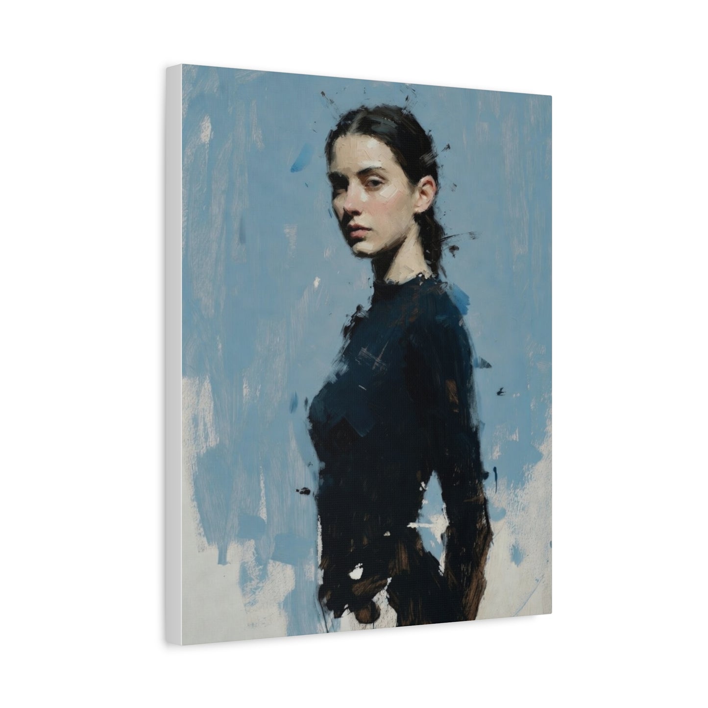 Matte Stretched Canvas Print — Portrait of a Young Woman, Moody Blue Figurative Art