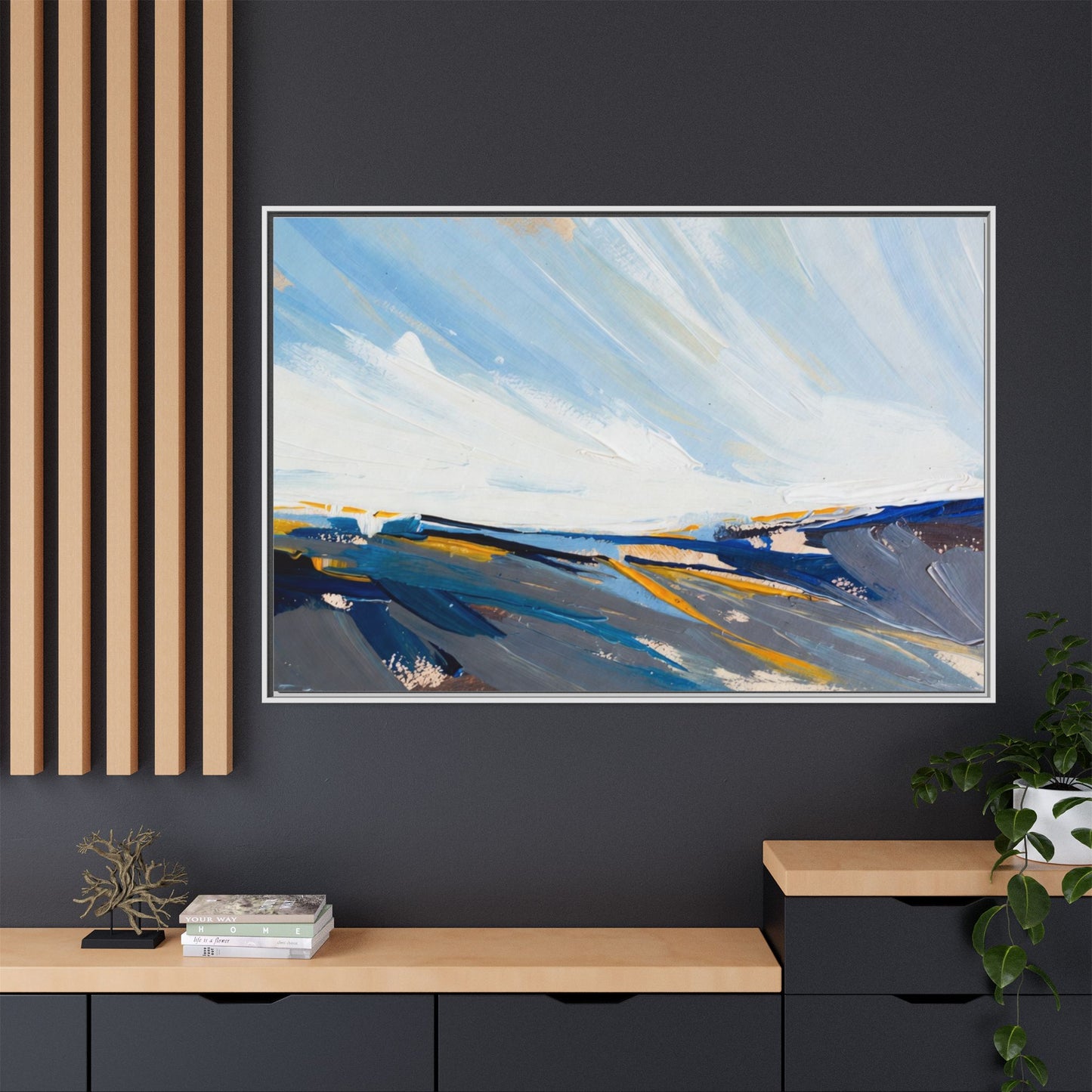 Framed Abstract Seascape Canvas Print — Matte Multi‑Color Wall Art