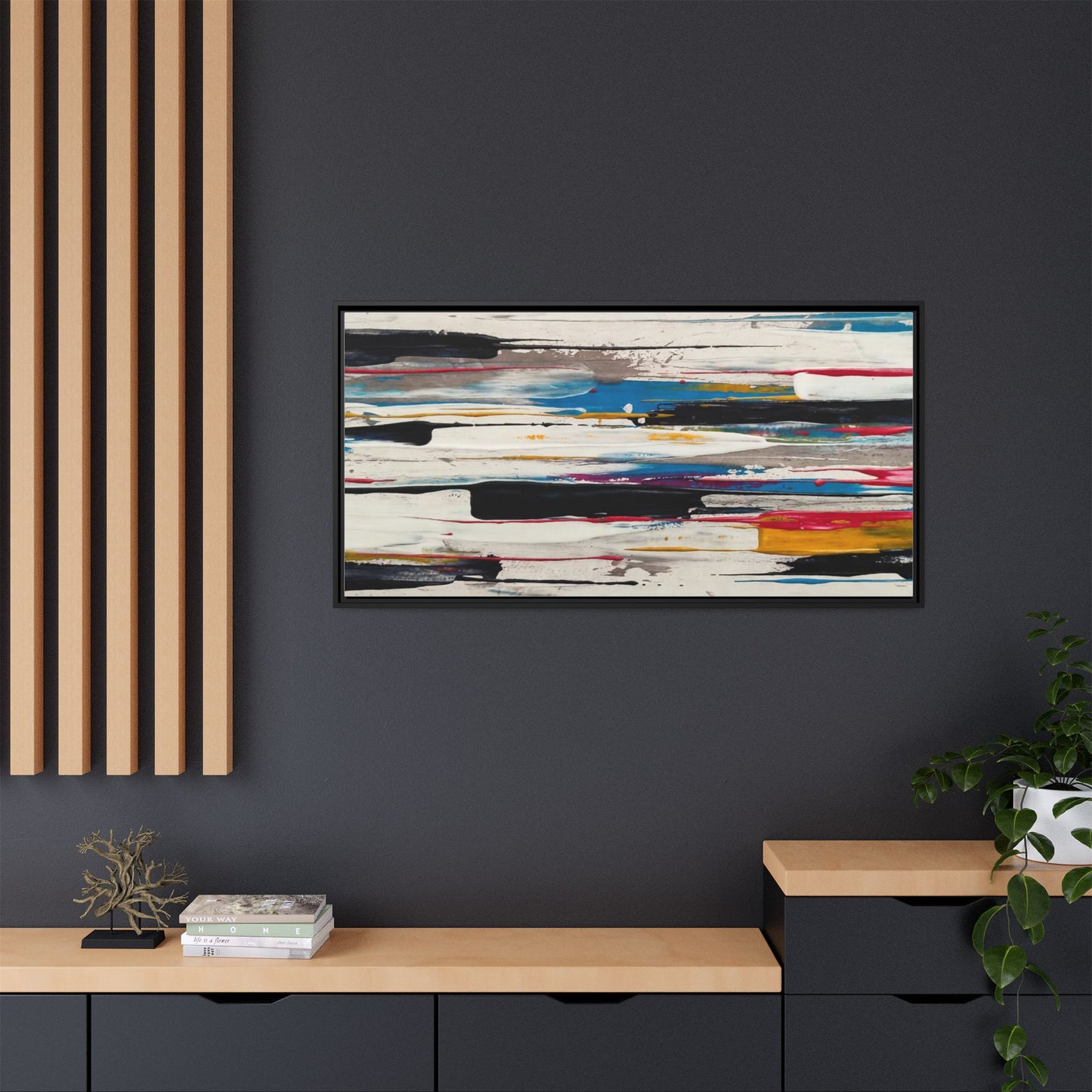 Abstract Multi-Color Framed Canvas Wall Art — Modern Horizontal Brushstroke Print