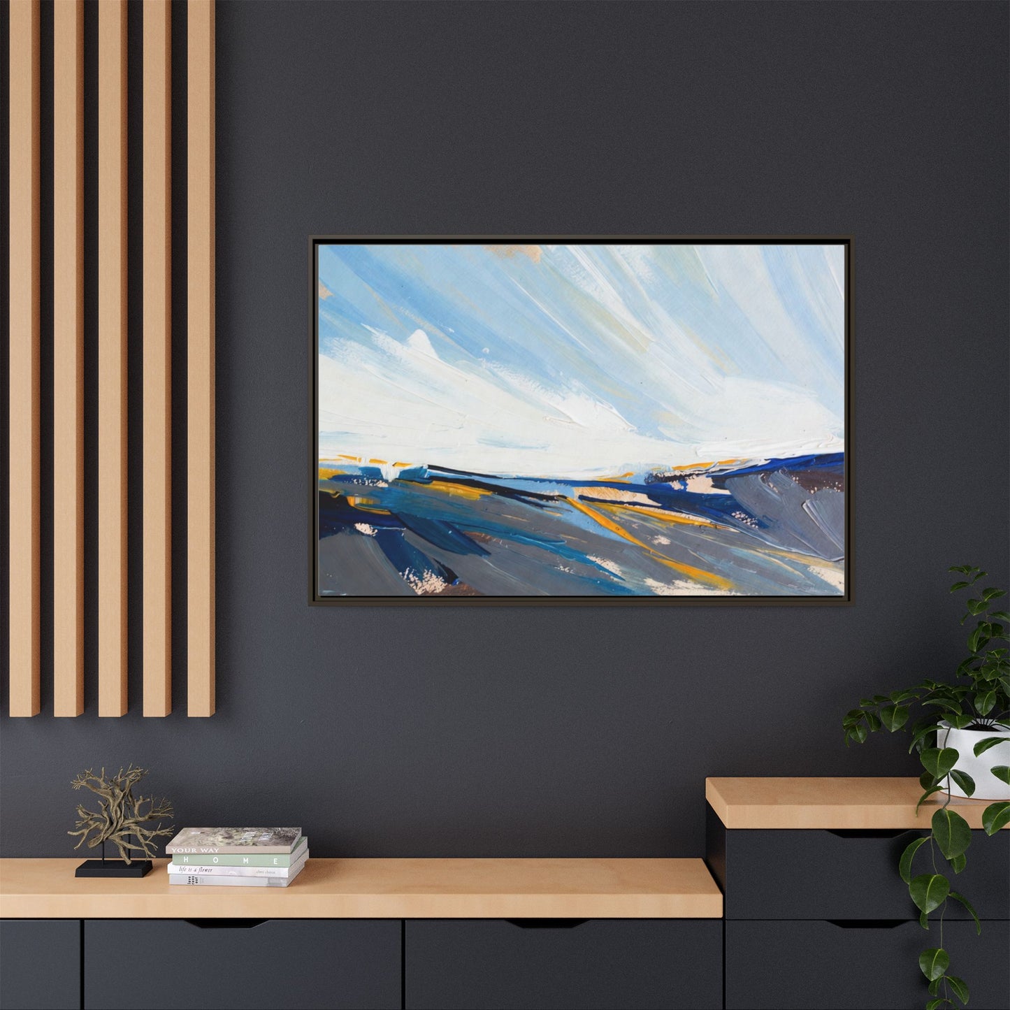 Framed Abstract Seascape Canvas Print — Matte Multi‑Color Wall Art