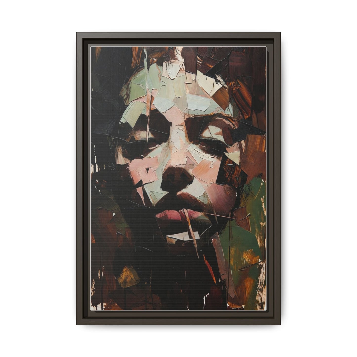 Matte Framed Canvas Art — Abstract Female Portrait, Moody Multicolor