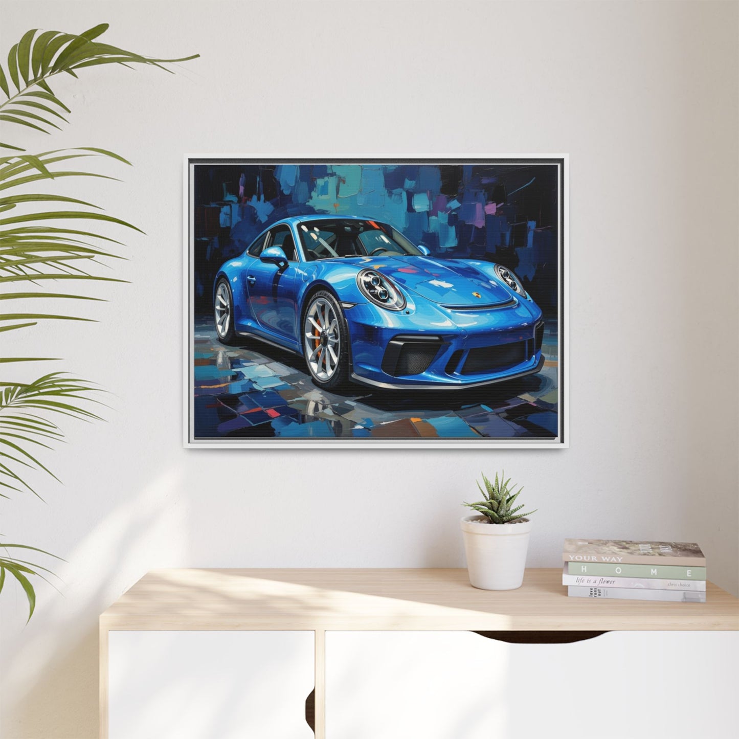 Blue Sports Car Matte Canvas Framed Print — Modern Automotive Wall Art