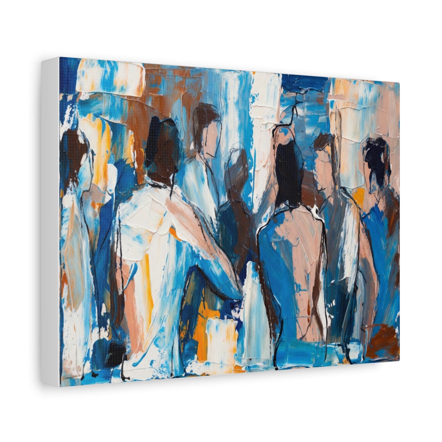 Abstract Figurative Canvas Art — Blue Social Scene Matte Stretched Canvas