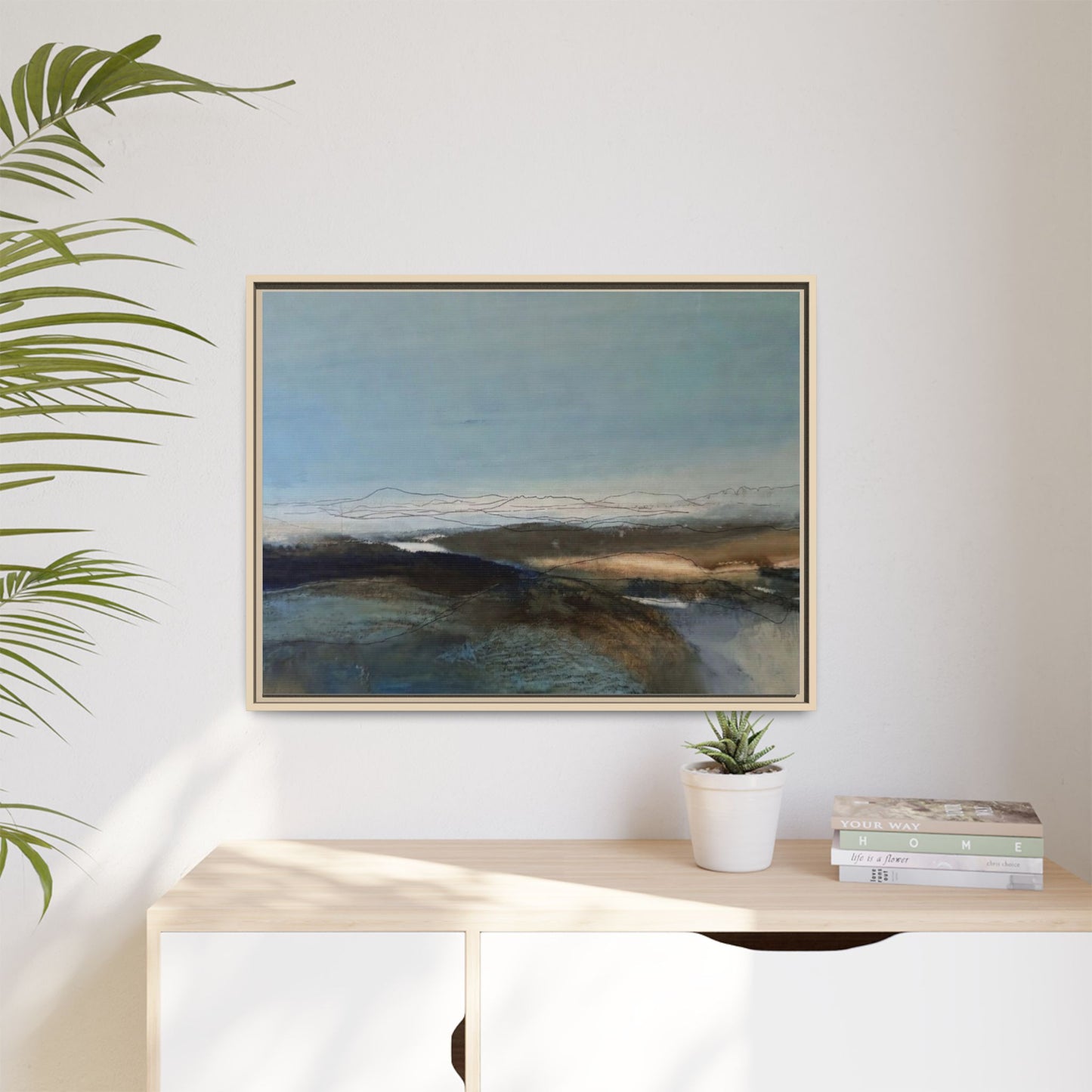 Framed Matte Canvas Wall Art — Serene Abstract Blue Landscape