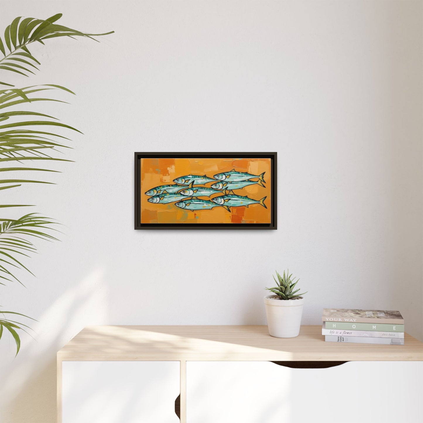 Framed Matte Canvas Print — School of Blue Fish on Orange Abstract Background