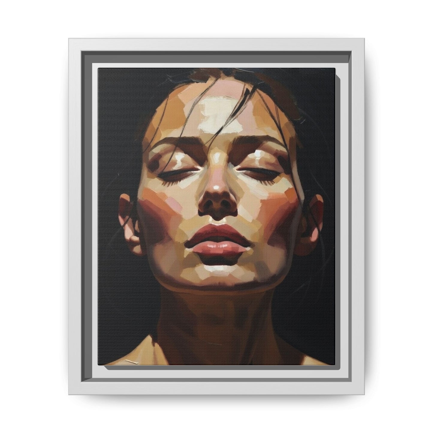 Framed Matte Canvas Portrait – Woman with Eyes Closed (Multi‑Color)
