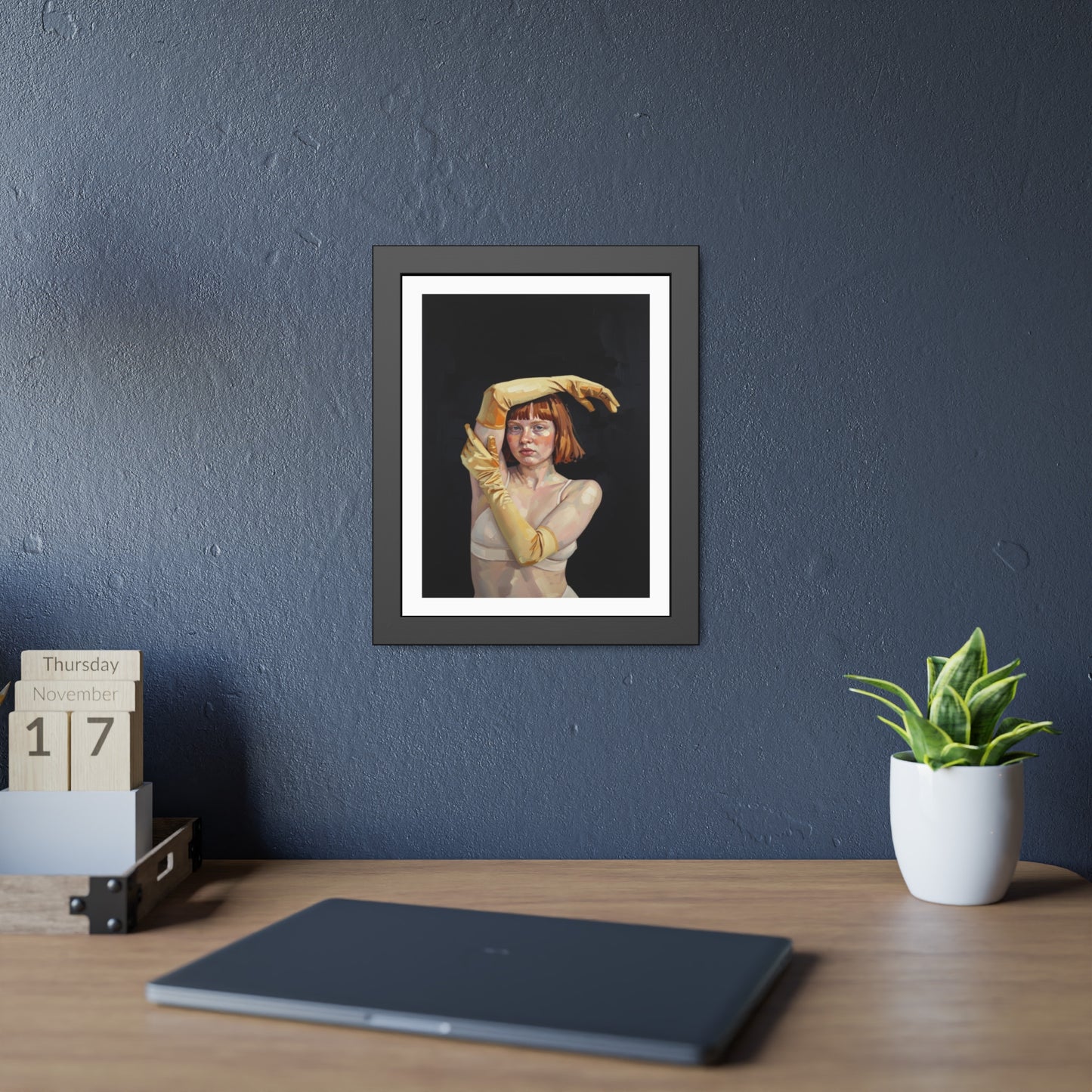 Framed Art Poster — Portrait of Redhead Woman in Yellow Gloves (Gallery Wall Print)