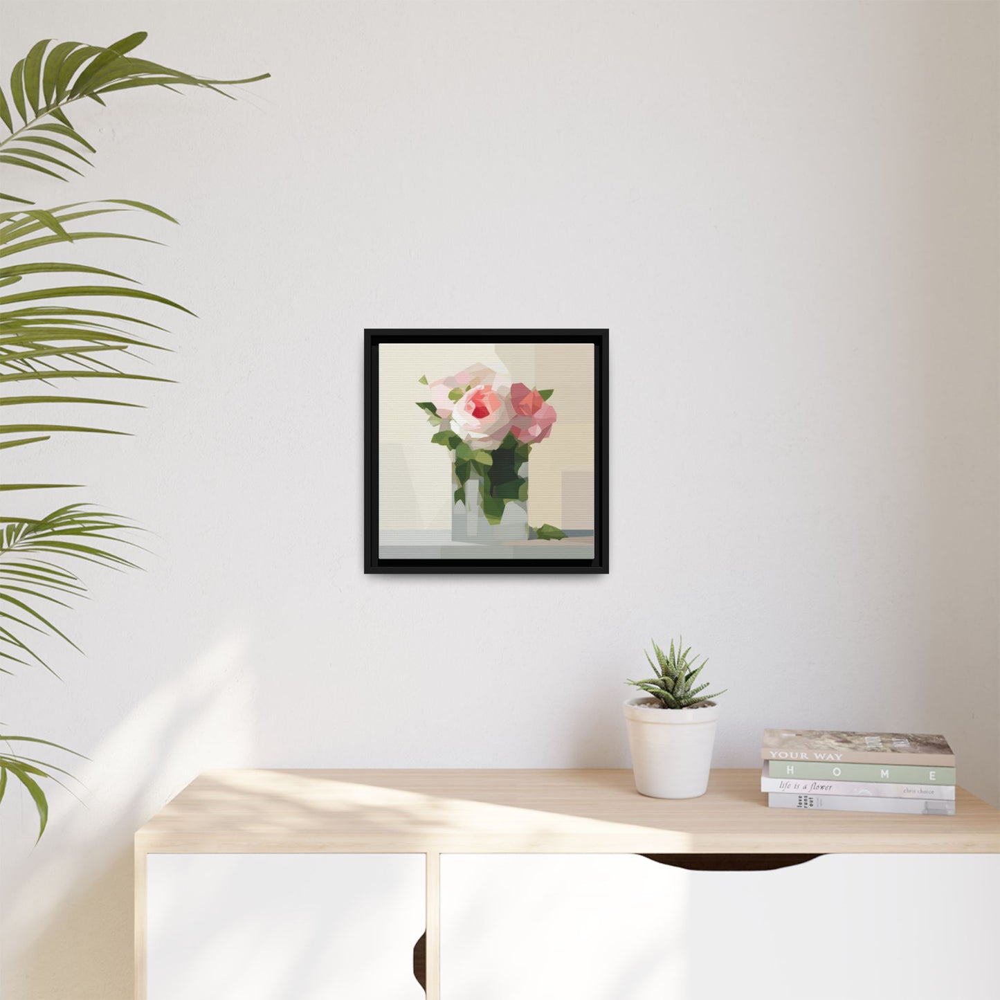 Framed Floral Canvas Print — Geometric Pink Rose Wall Art