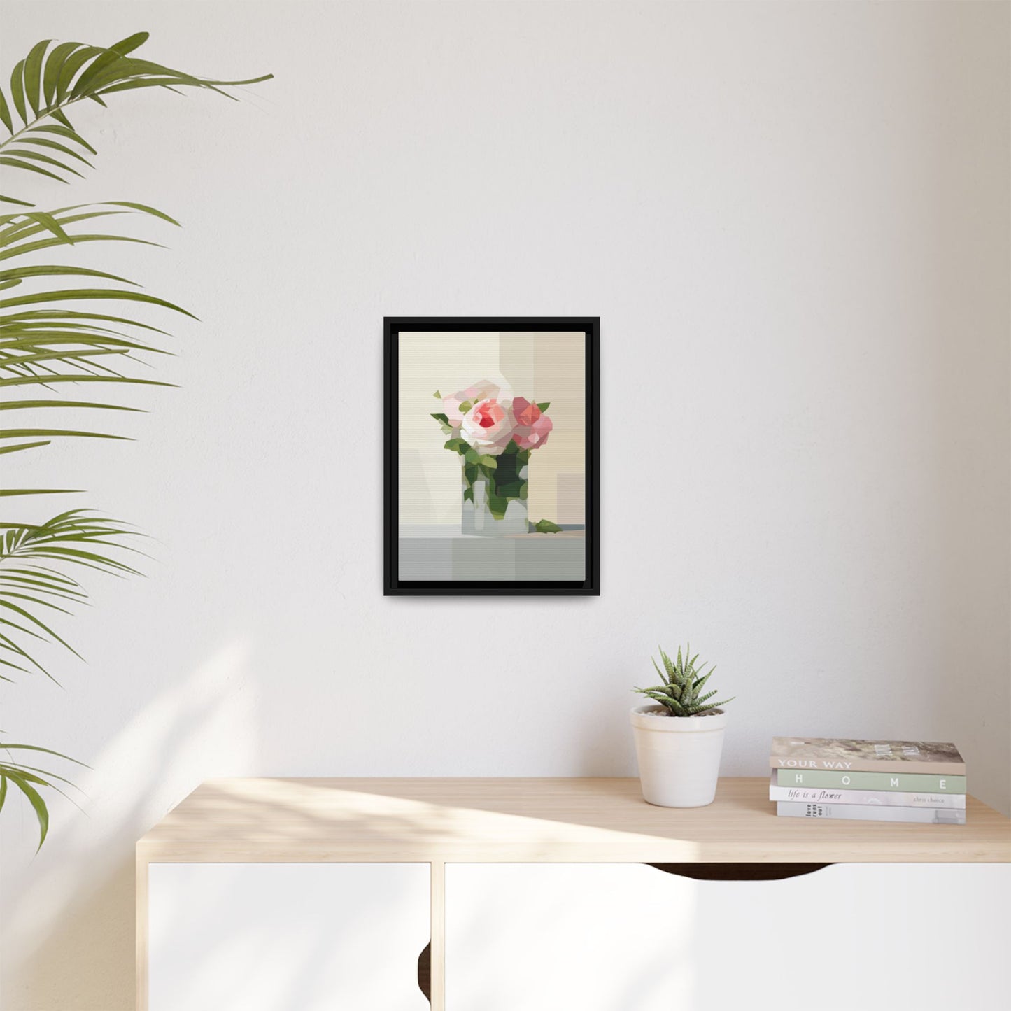 Framed Floral Canvas Print — Geometric Pink Rose Wall Art