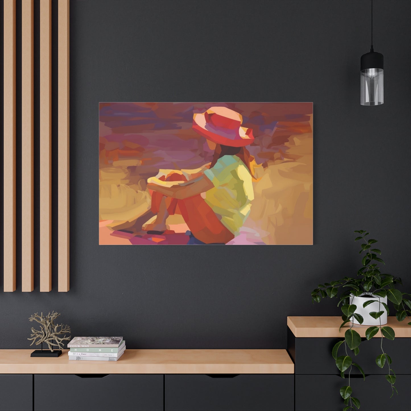Sunset Daydream Canvas Art — Girl in Hat Matte Stretched Wall Art