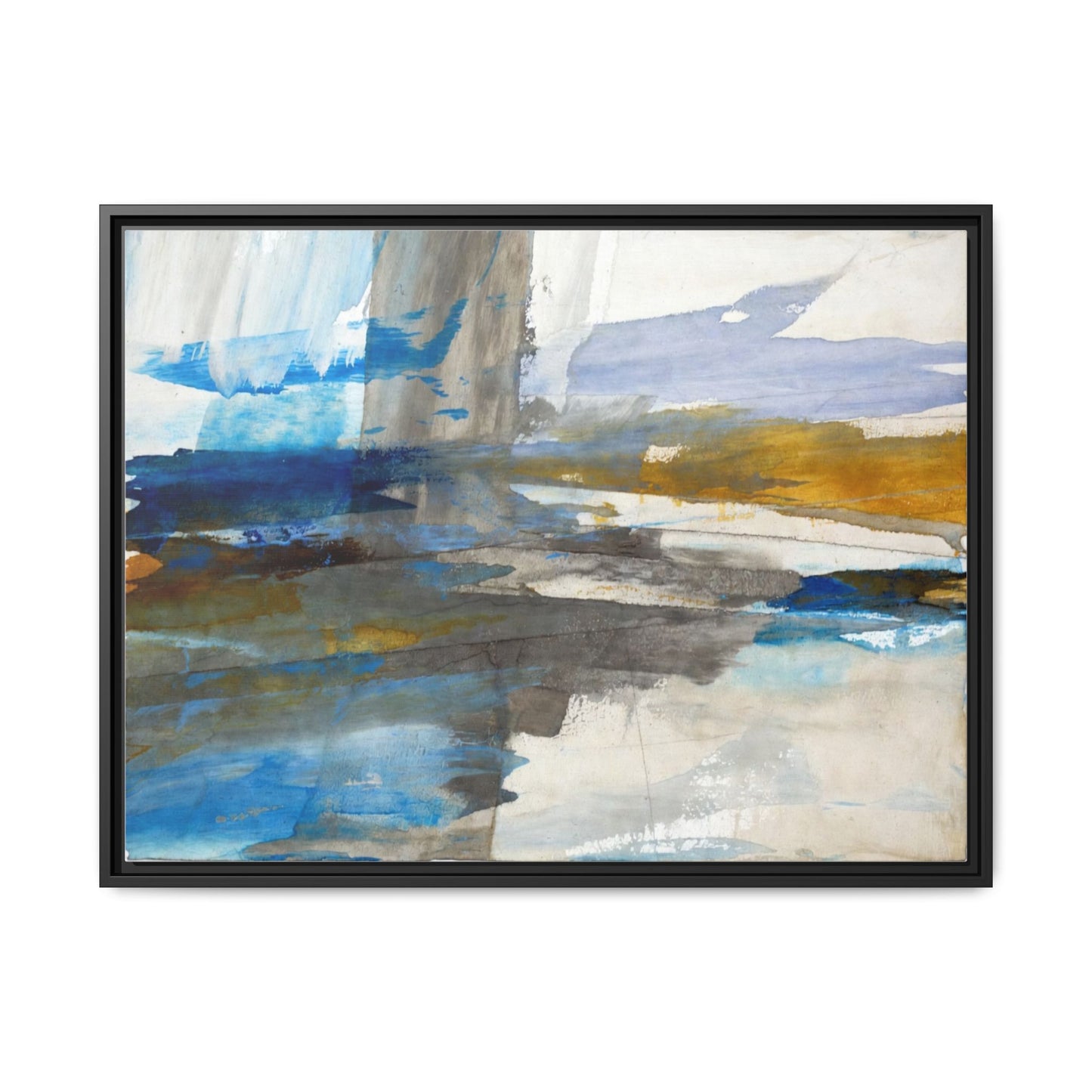 Abstract Blue & Gold Framed Canvas Art — Matte Multi-Color Wall Print