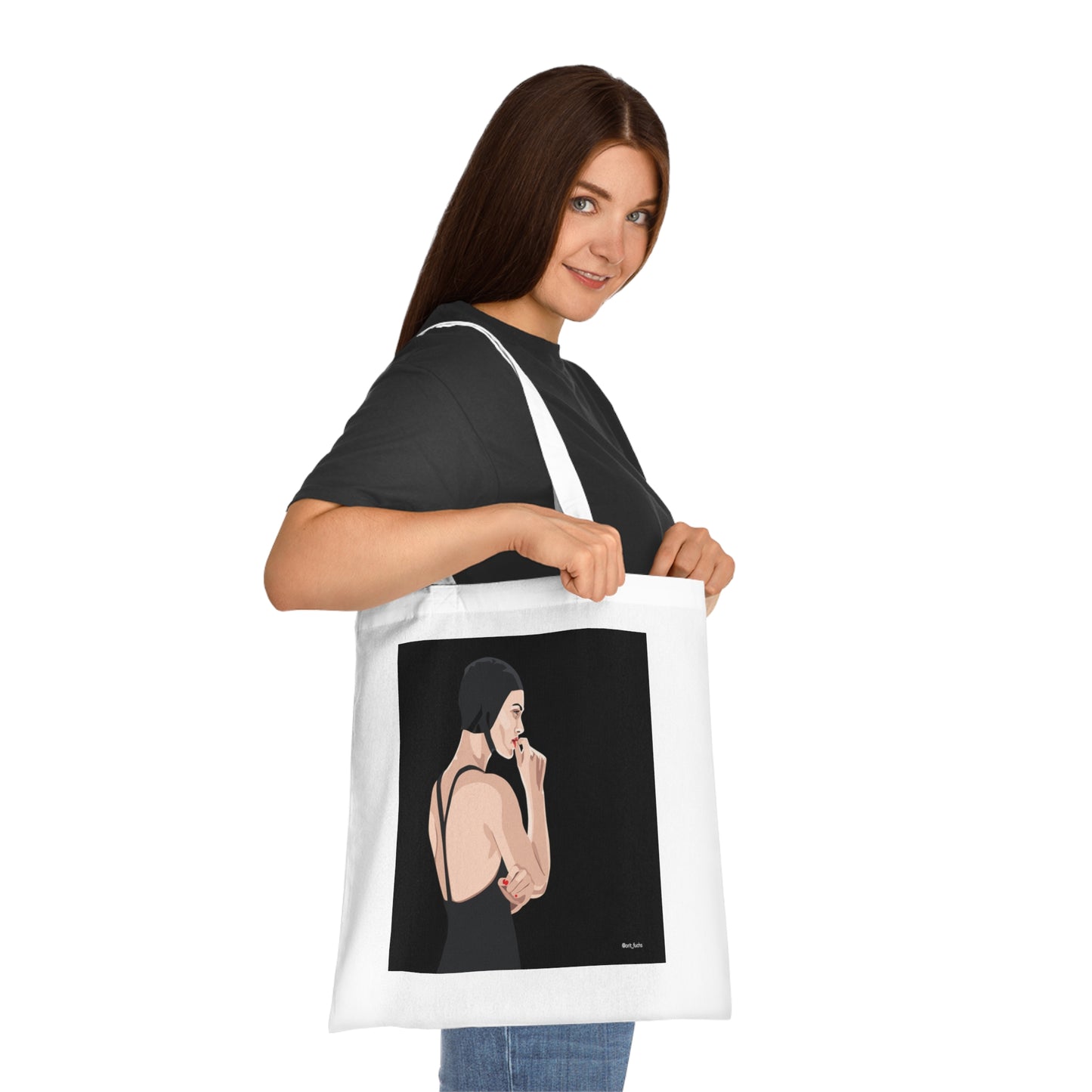 Minimalist Femme Portrait Cotton Tote — Chic Black-Back Illustration Tote Bag