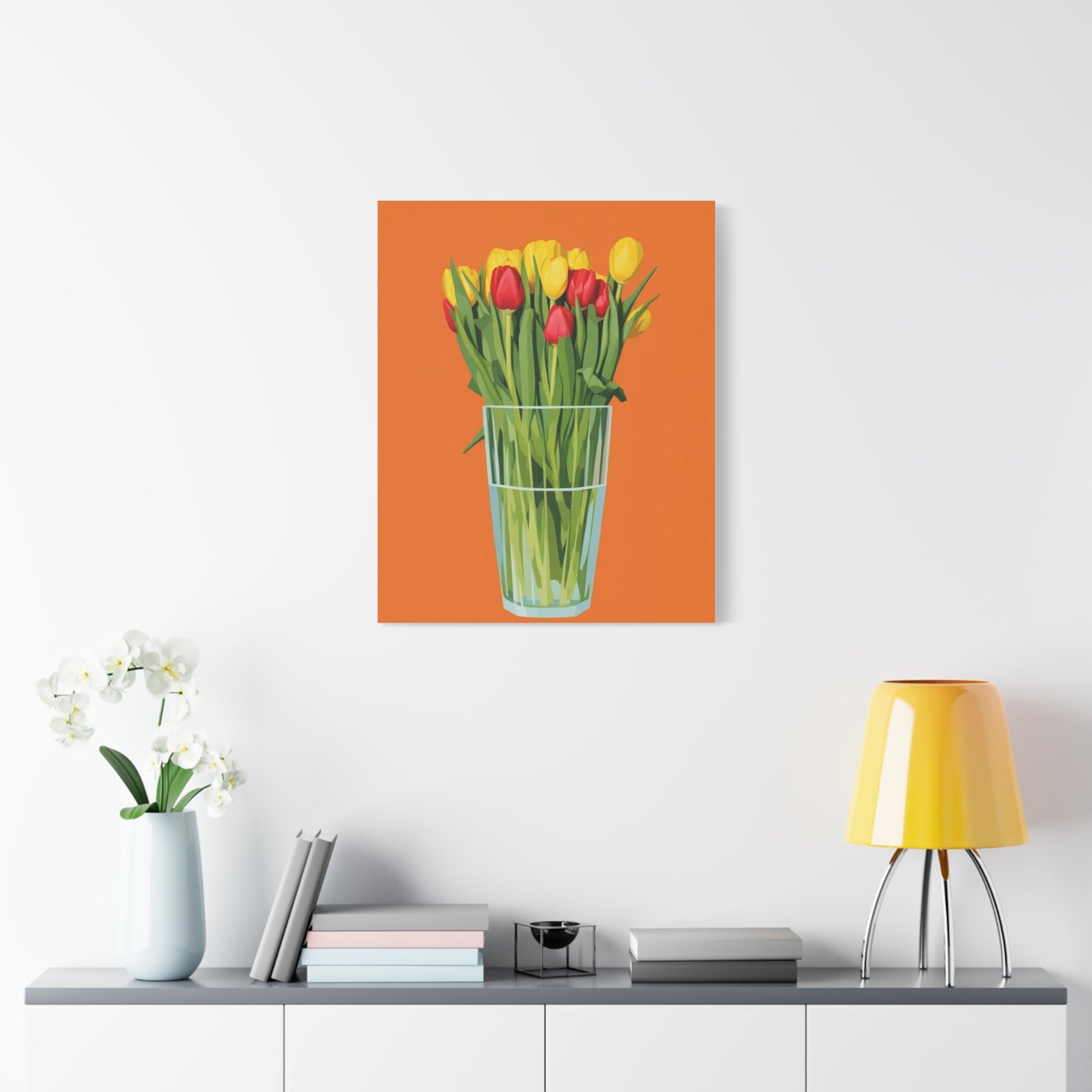 Tulip Bouquet Canvas Wall Art – Glass Vase on Orange