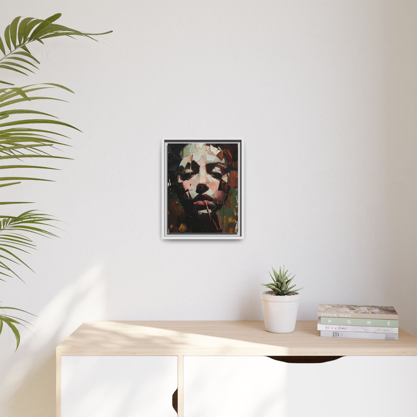 Matte Framed Canvas Art — Abstract Female Portrait, Moody Multicolor