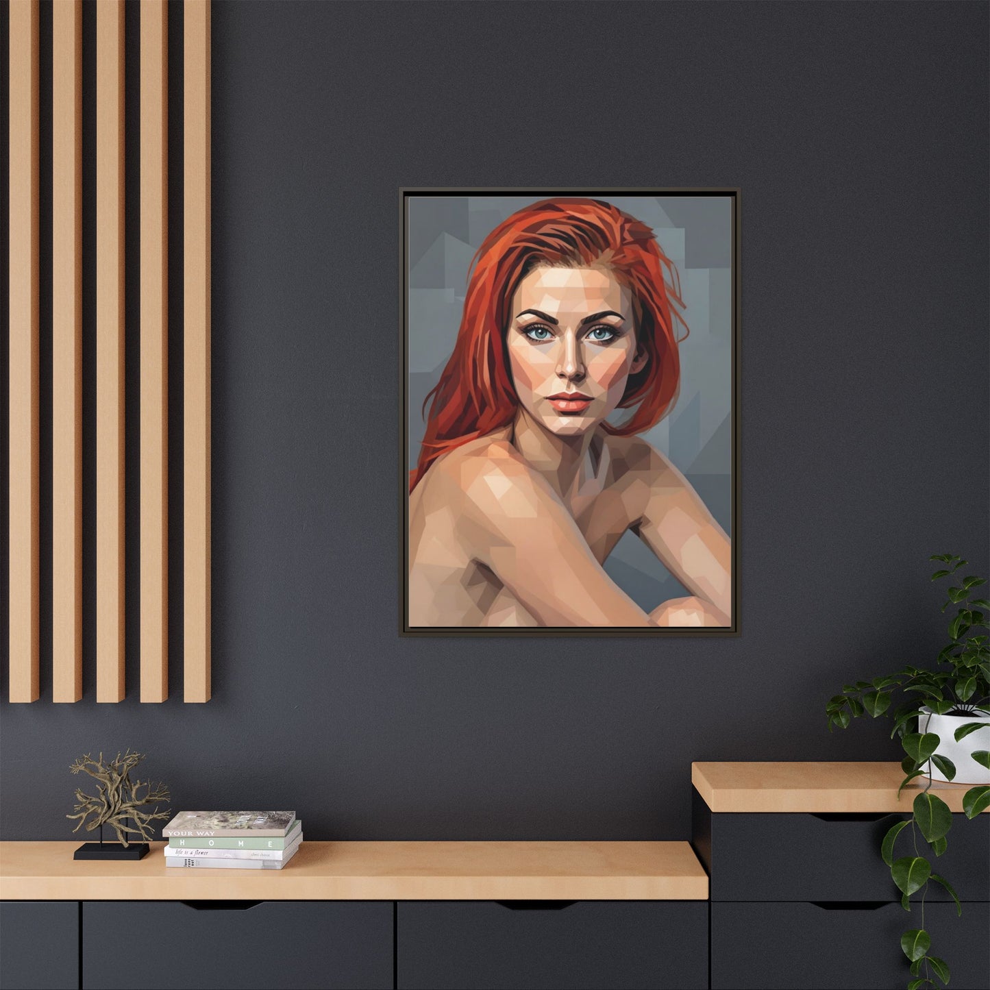 Framed Matte Canvas Portrait — Geometric Redhead Wall Art