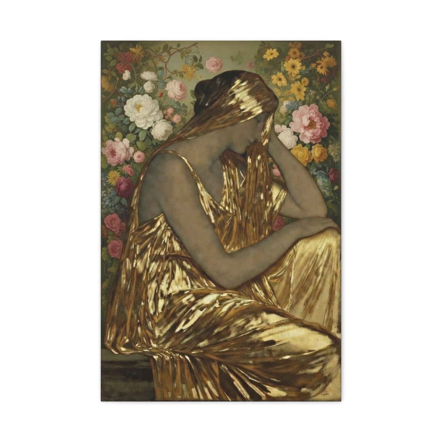 Golden Muse Canvas Print — Woman in Gold Floral Art (Stretched Matte)