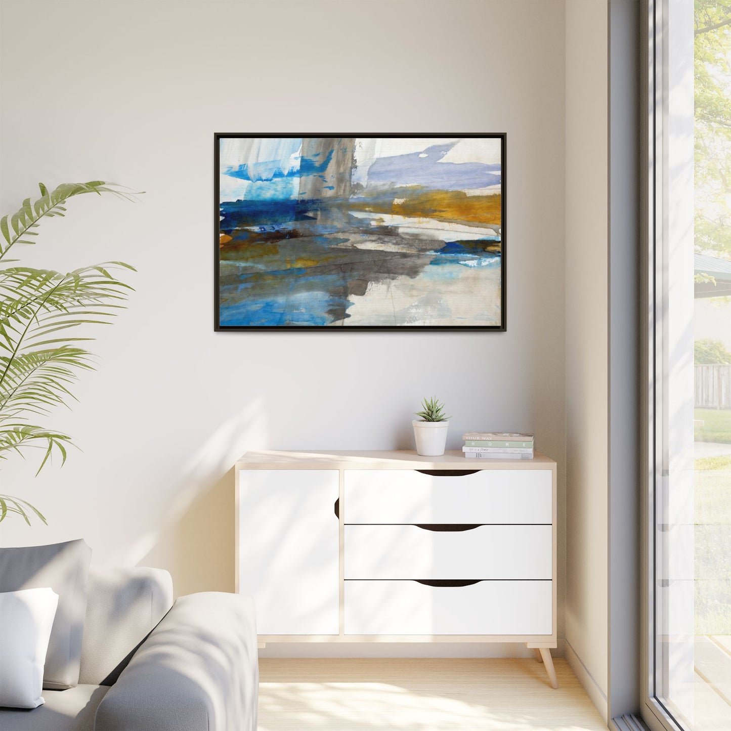 Abstract Blue & Gold Framed Canvas Art — Matte Multi-Color Wall Print