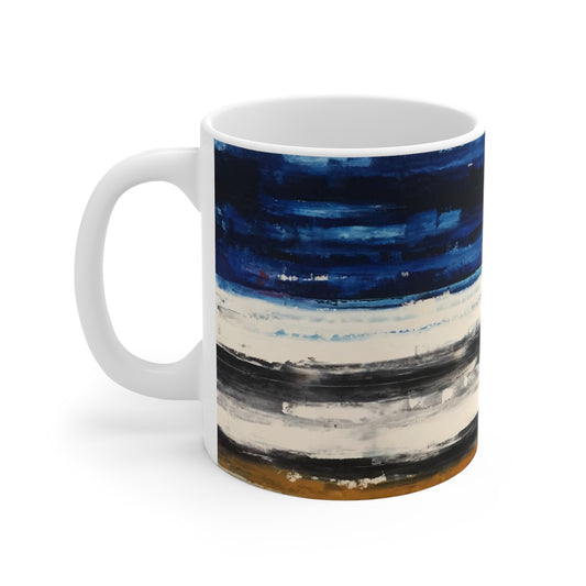 Blue Abstract Striped Ceramic Mug — Modern Ocean-Inspired 11oz Coffee Cup