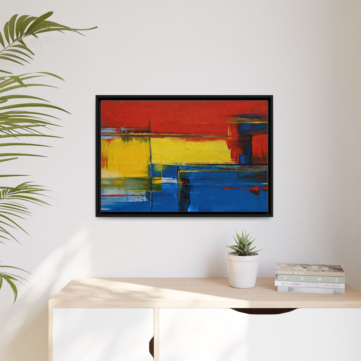 Abstract Color Block Matte Canvas Framed Wall Art — Modern Red Yellow Blue Painting