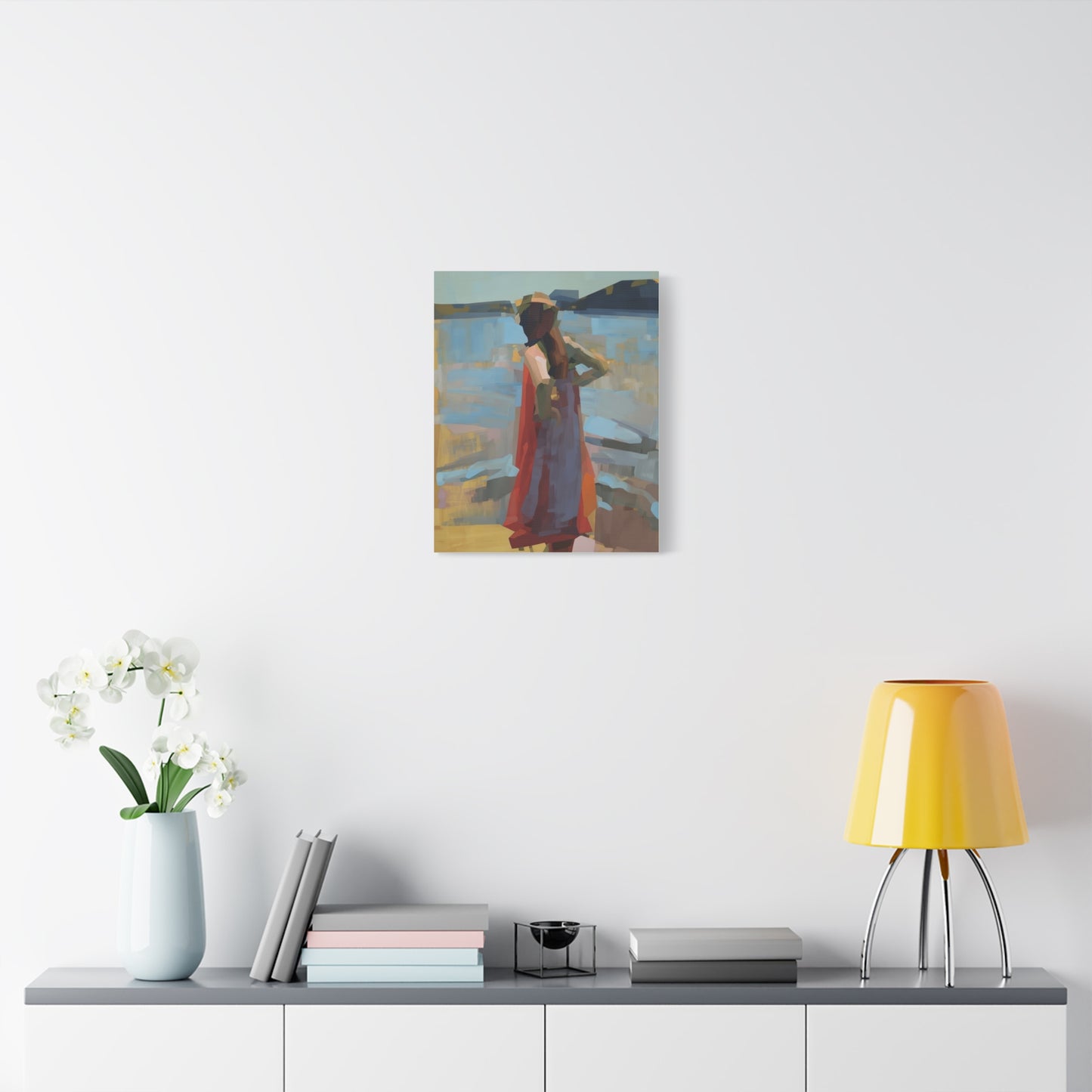 Coastal Stroll Matte Canvas Print — Abstract Woman in Red Dress, Stretched 1.25"