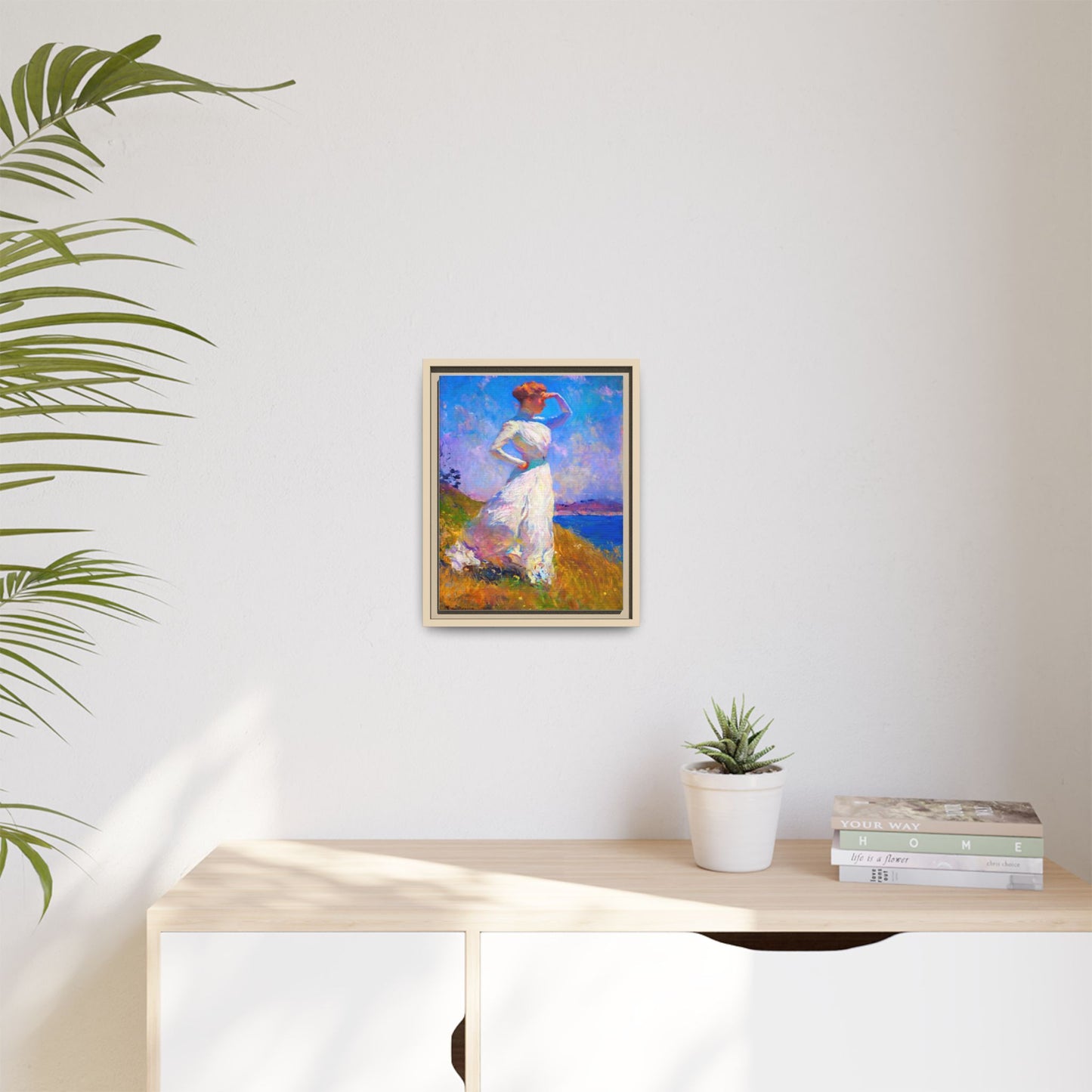 Framed Matte Canvas Art - Woman in White Seaside Impressionist Print