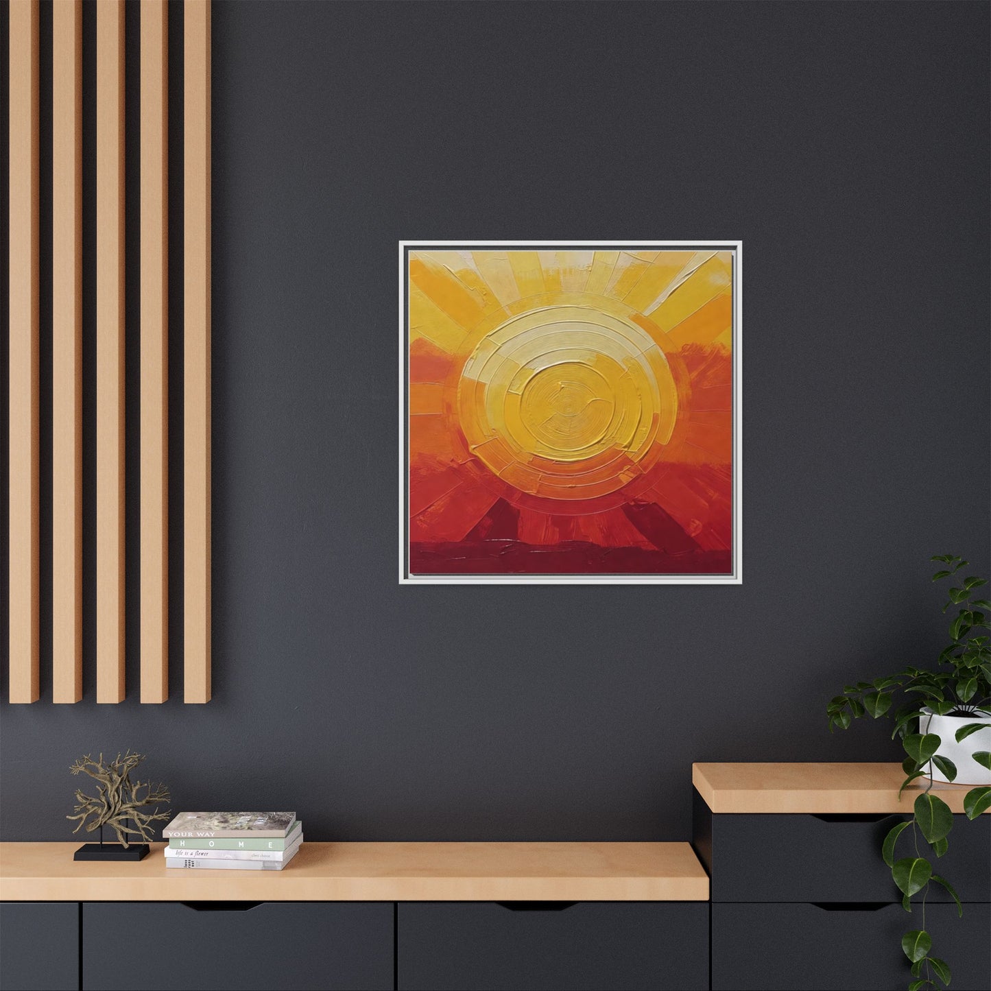 Sunburst Abstract Framed Canvas Art — Matte Multi‑Color Wall Print