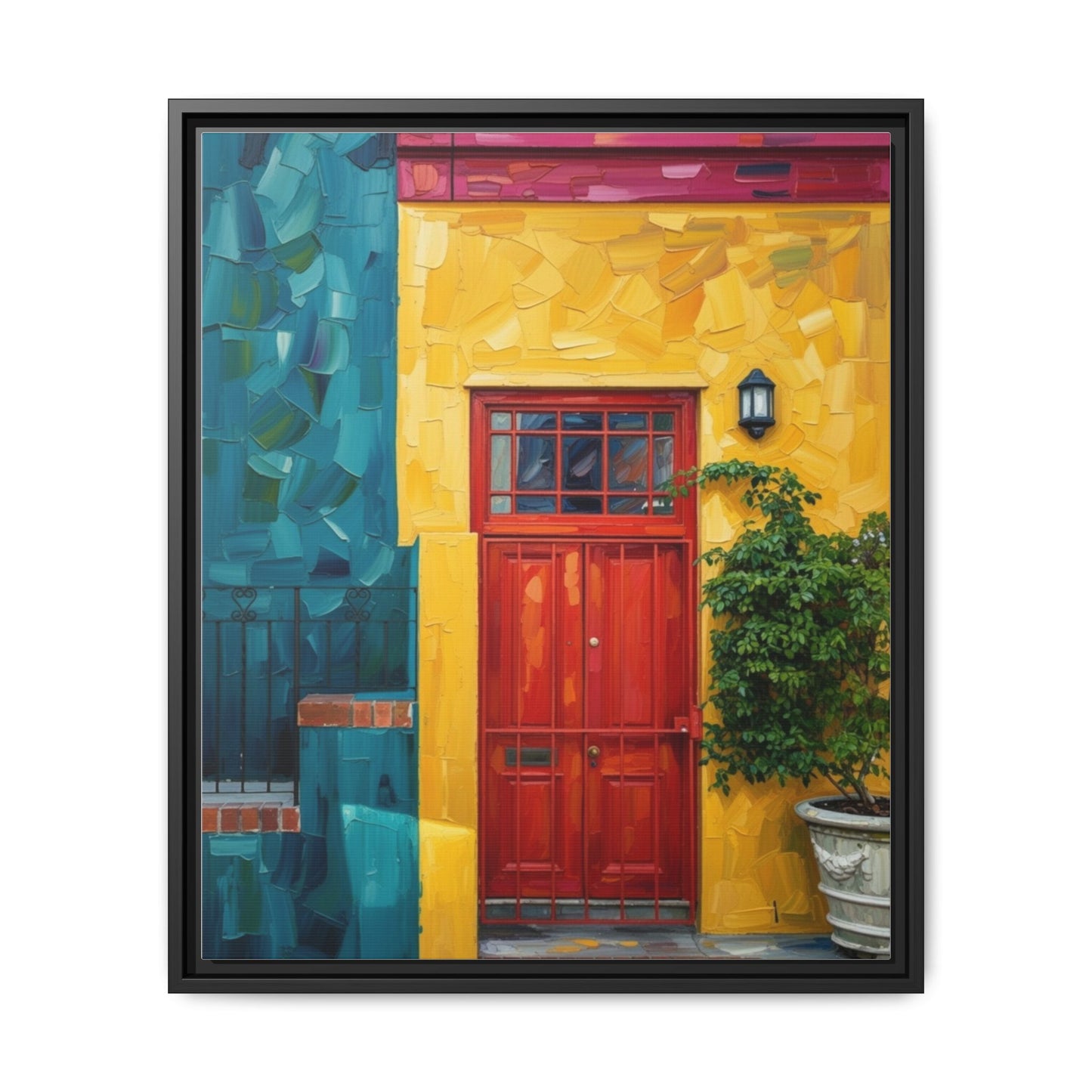 Framed Matte Canvas Wall Art — Colorful Red Door on Yellow Facade