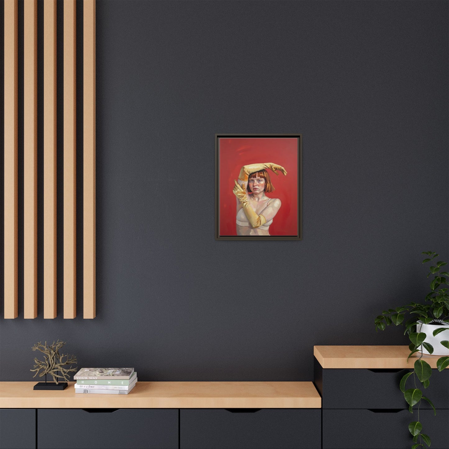 Framed Matte Canvas Art - Portrait of Woman in Yellow Gloves (Red Background)