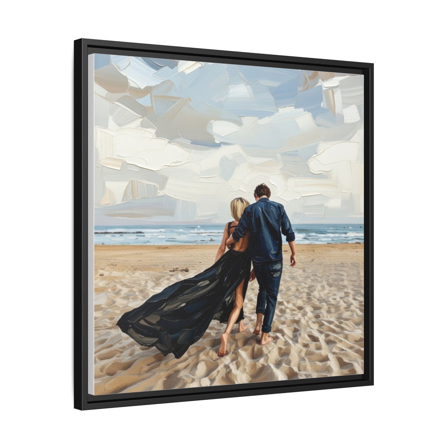 Framed Canvas Wall Art — Romantic Couple Walking on Beach Print