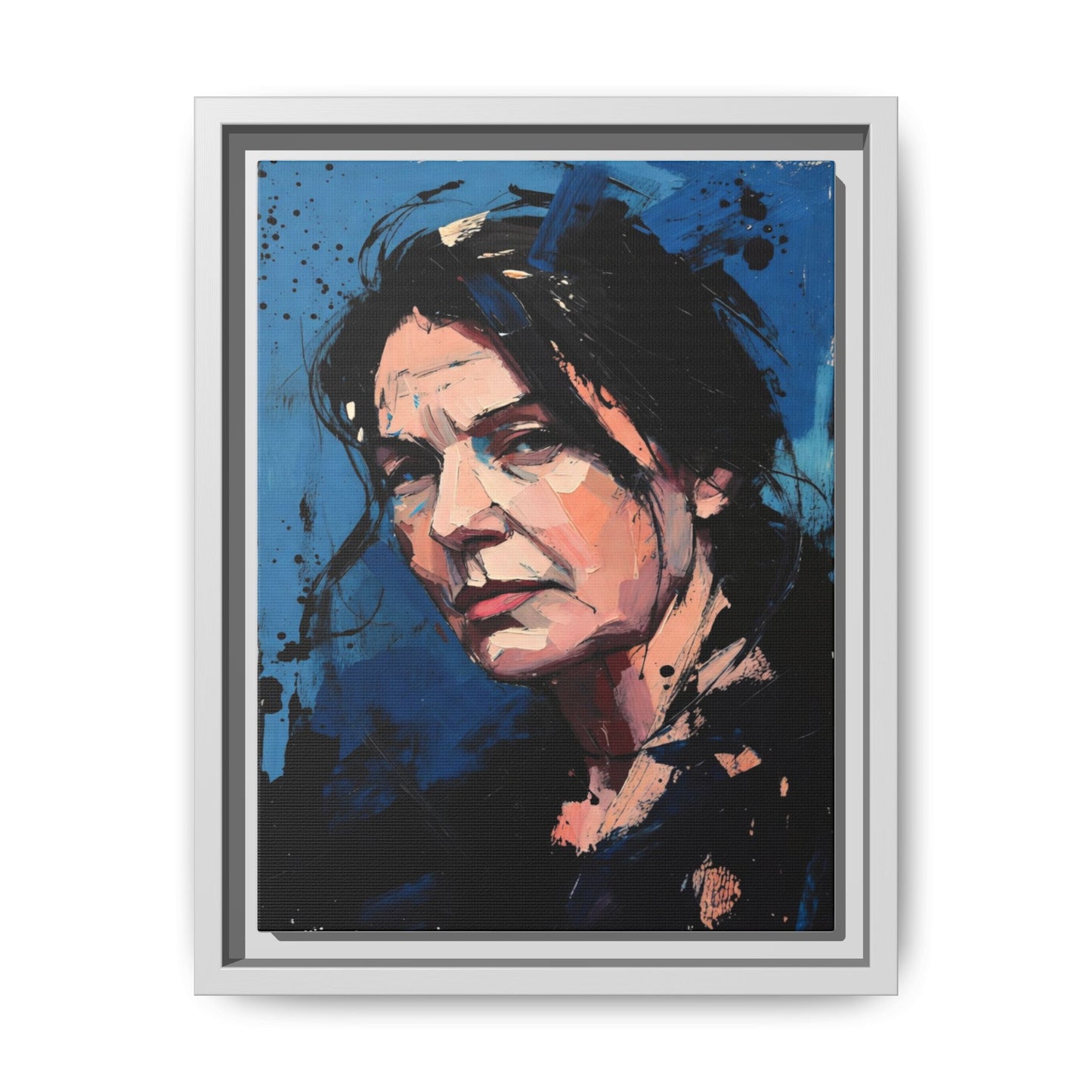Framed Matte Canvas Portrait — Expressive Blue Painterly Woman Art