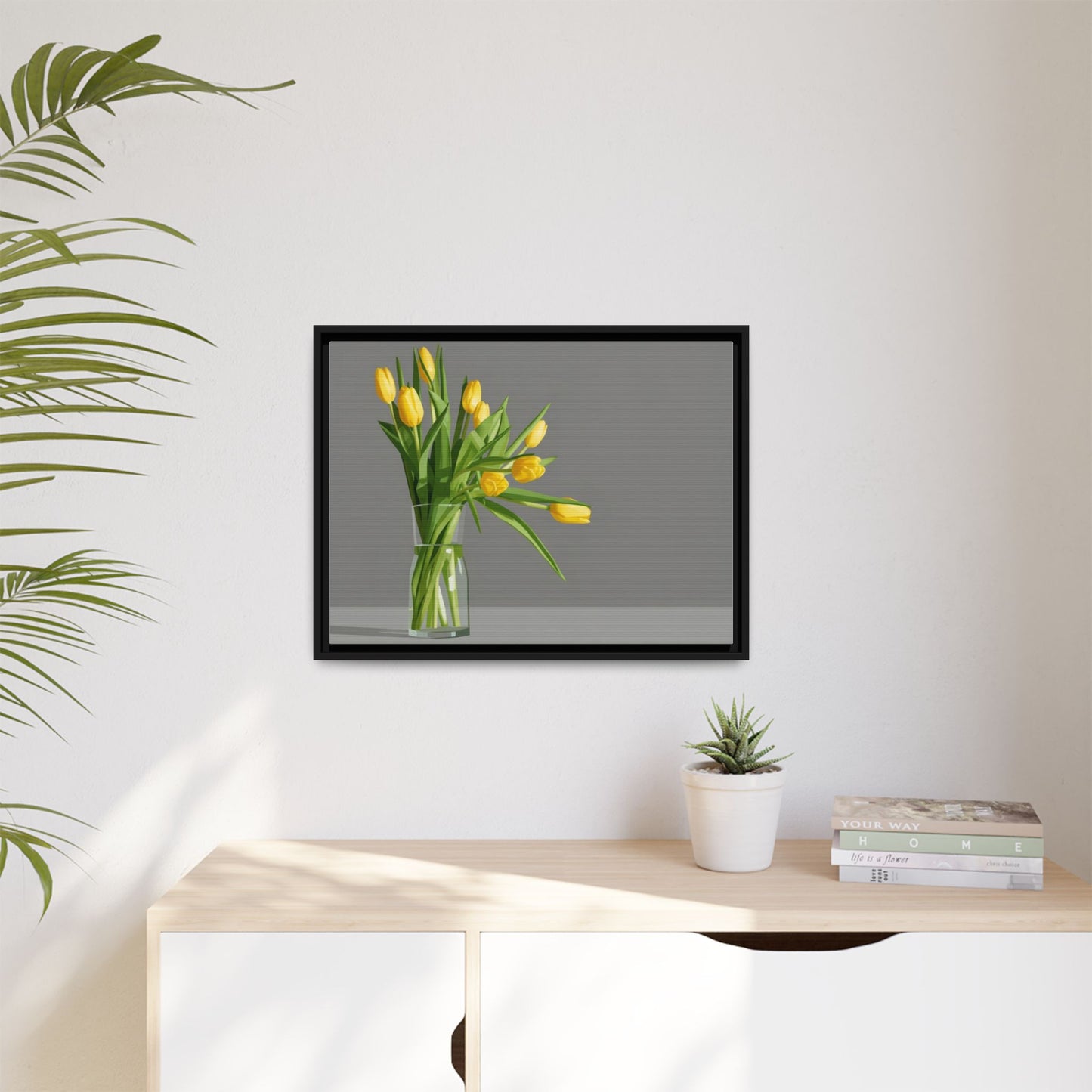 Framed Matte Canvas Art — Yellow Tulip Vase Wall Print