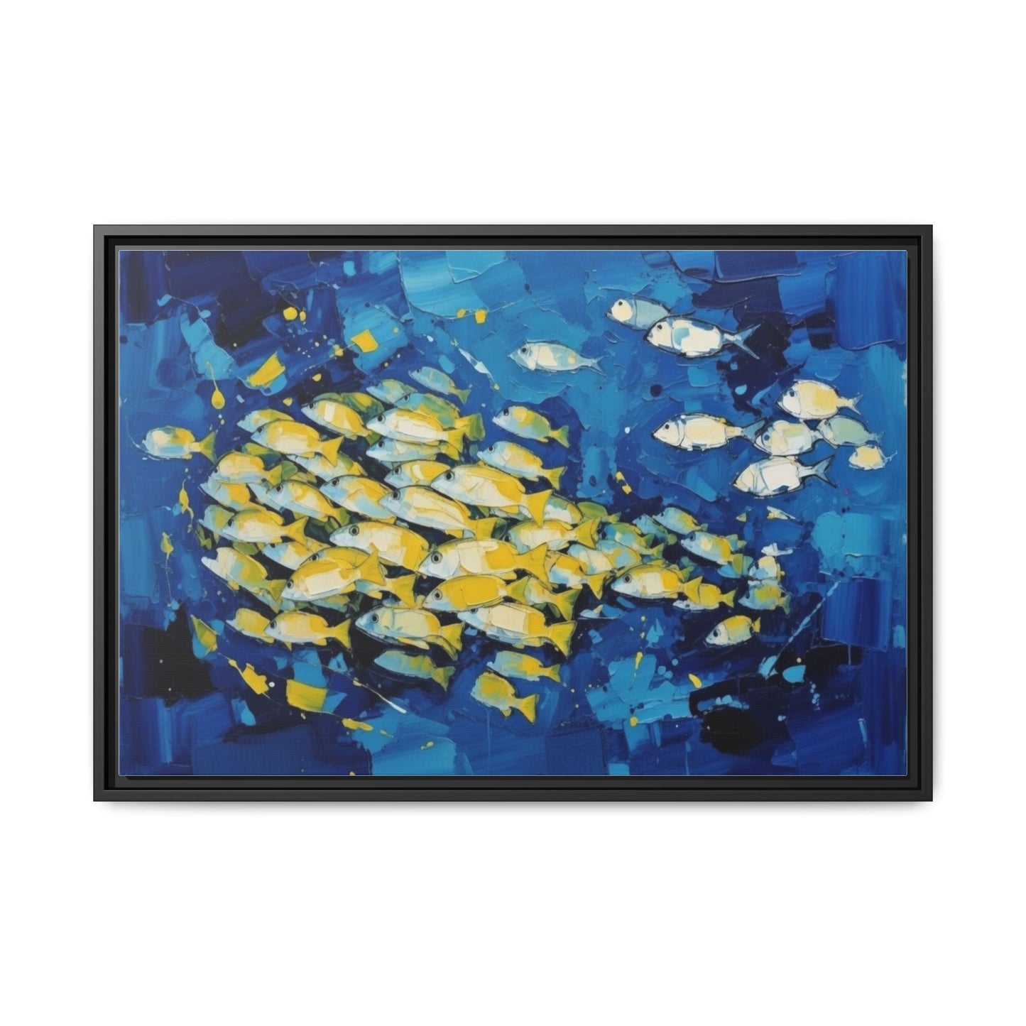 Framed Matte Canvas: Blue School of Fish Wall Art