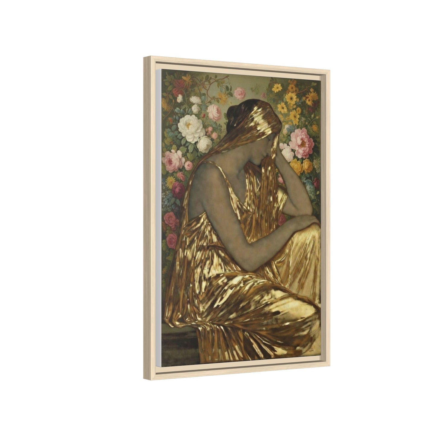 Framed Canvas Art Print — Golden Muse Woman with Floral Background