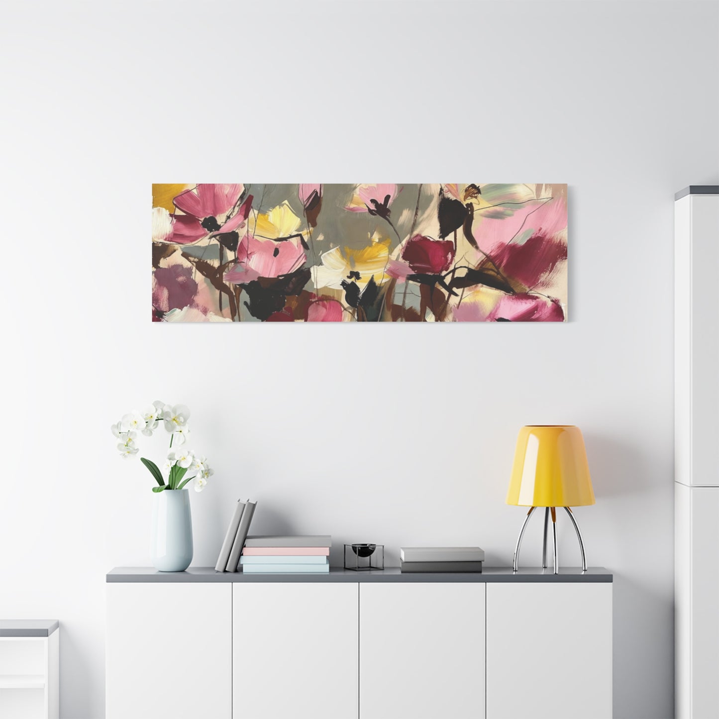 Floral Abstract Canvas Wall Art — Pink & Yellow Bloom Stretched Matte Print