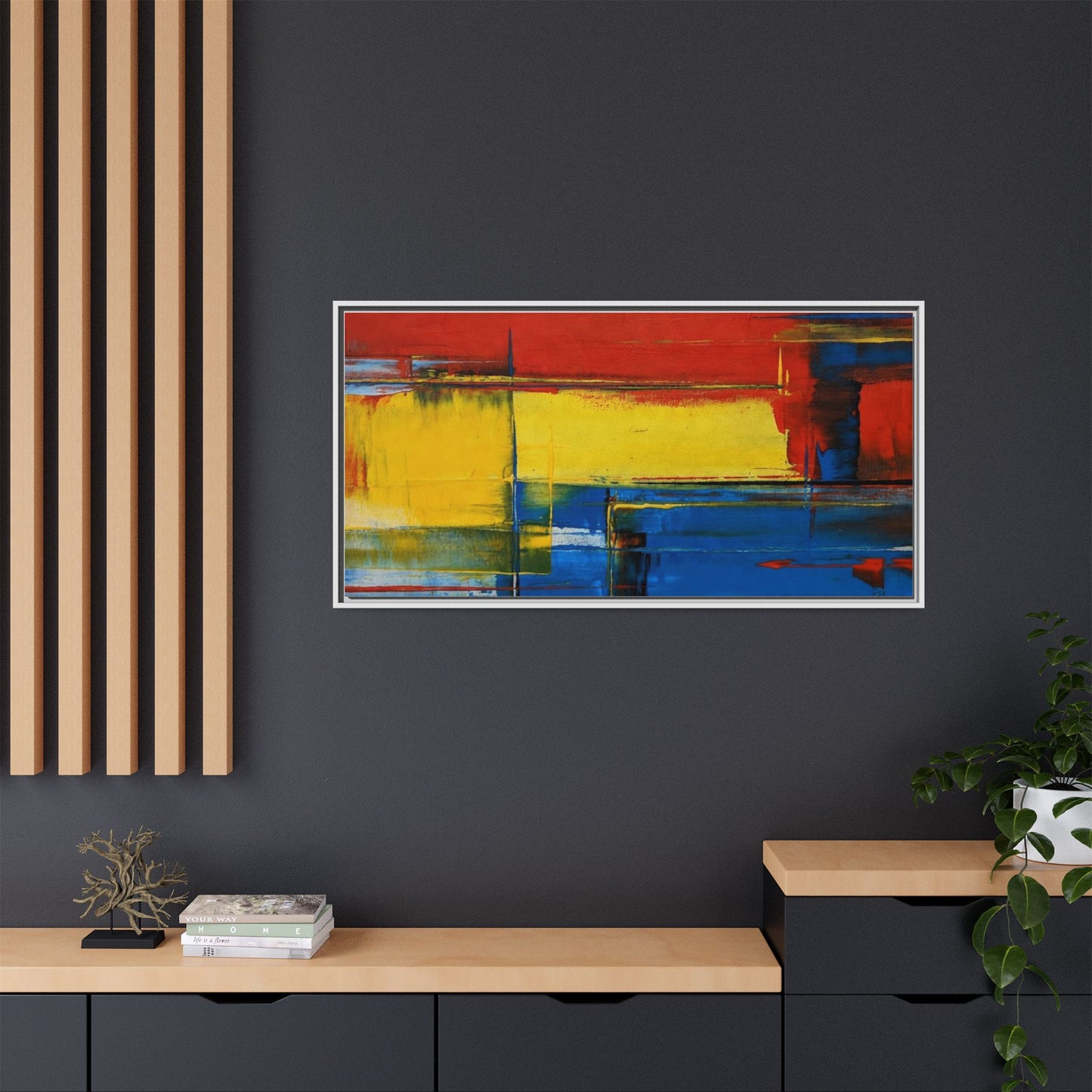Abstract Color Block Matte Canvas Framed Wall Art — Modern Red Yellow Blue Painting