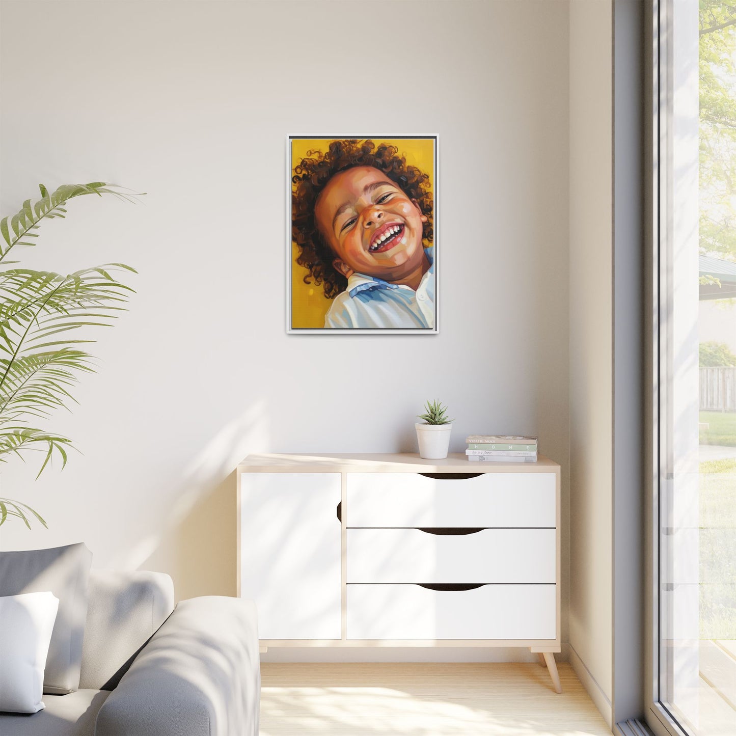 Framed Matte Canvas Print – Joyful Child Portrait, Colorful Nursery Wall Art