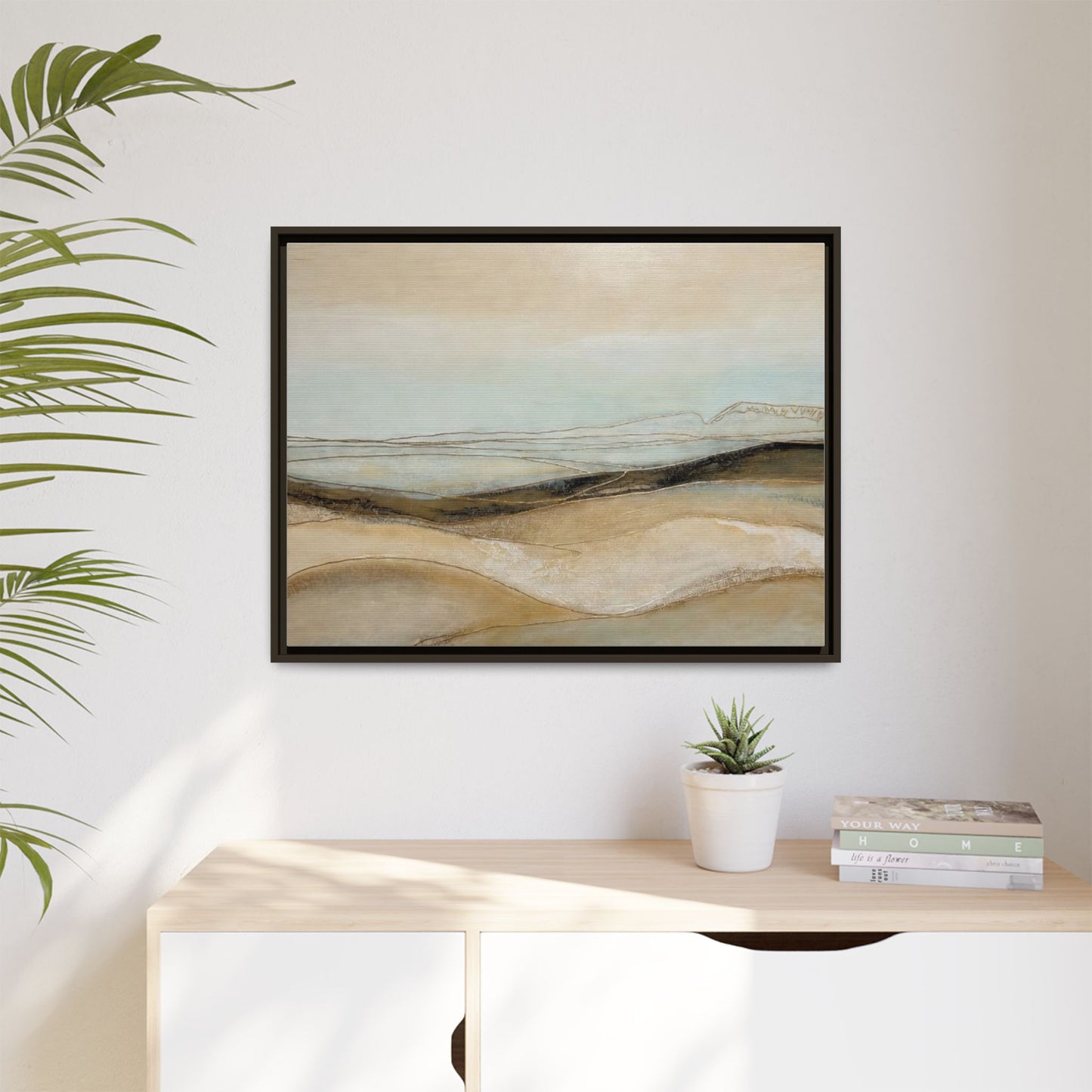 Framed Matte Canvas Wall Art — Neutral Abstract Landscape in Soft Blues & Earth Tones