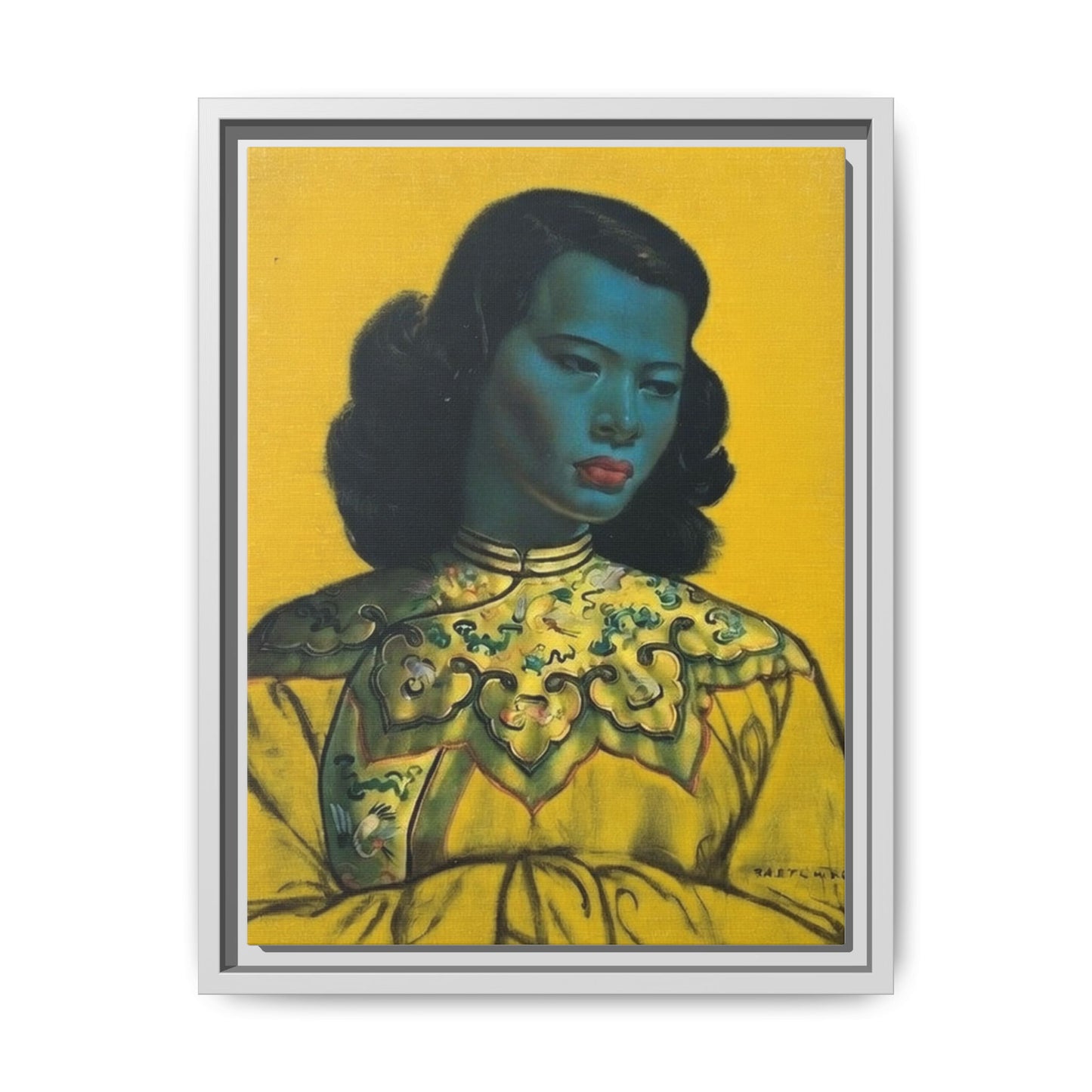 Framed Matte Canvas Art Print — Vintage Portrait with Yellow Background