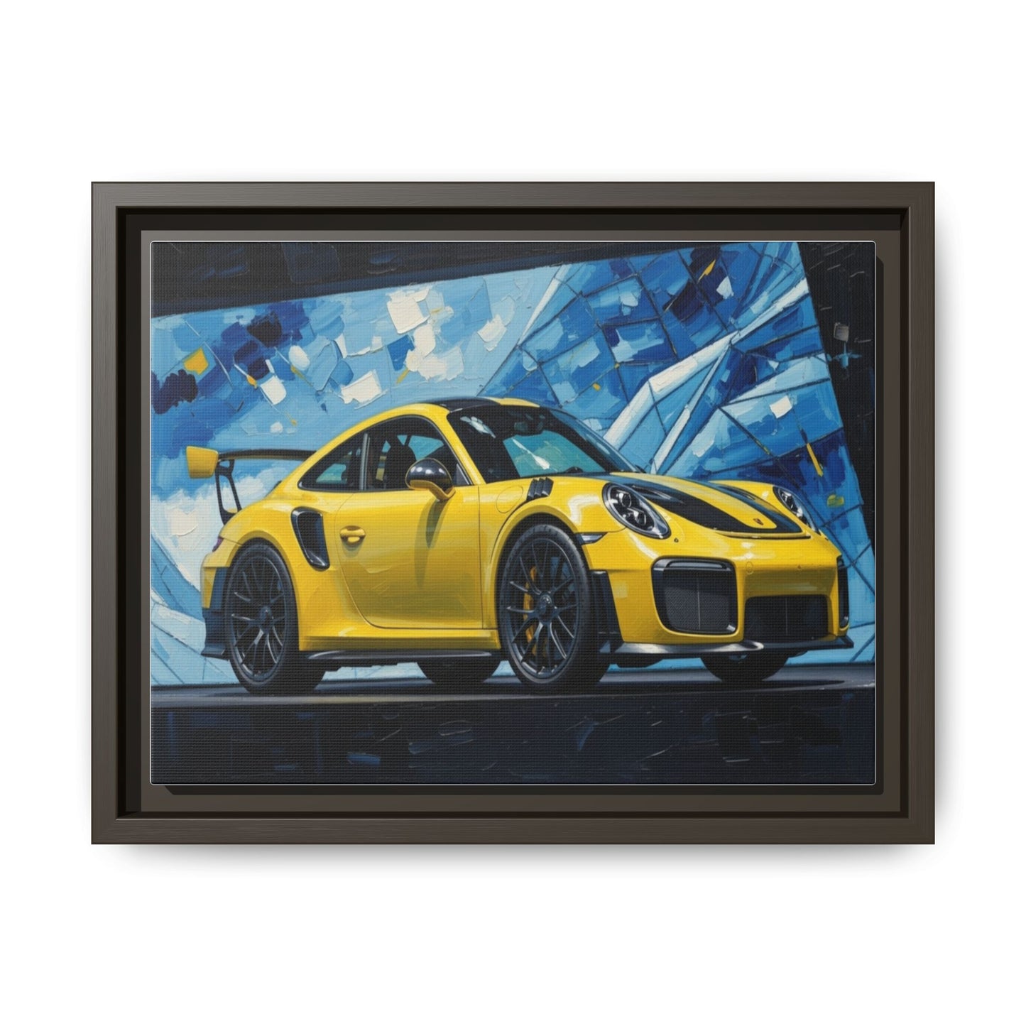 Yellow Porsche Sports Car Matte Framed Canvas – Modern Automotive Wall Art