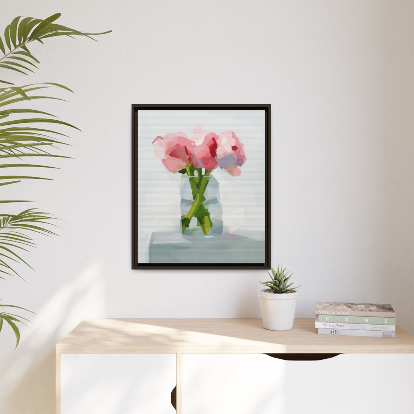 Framed Floral Canvas Art — Pink Peonies in Vase (Matte)