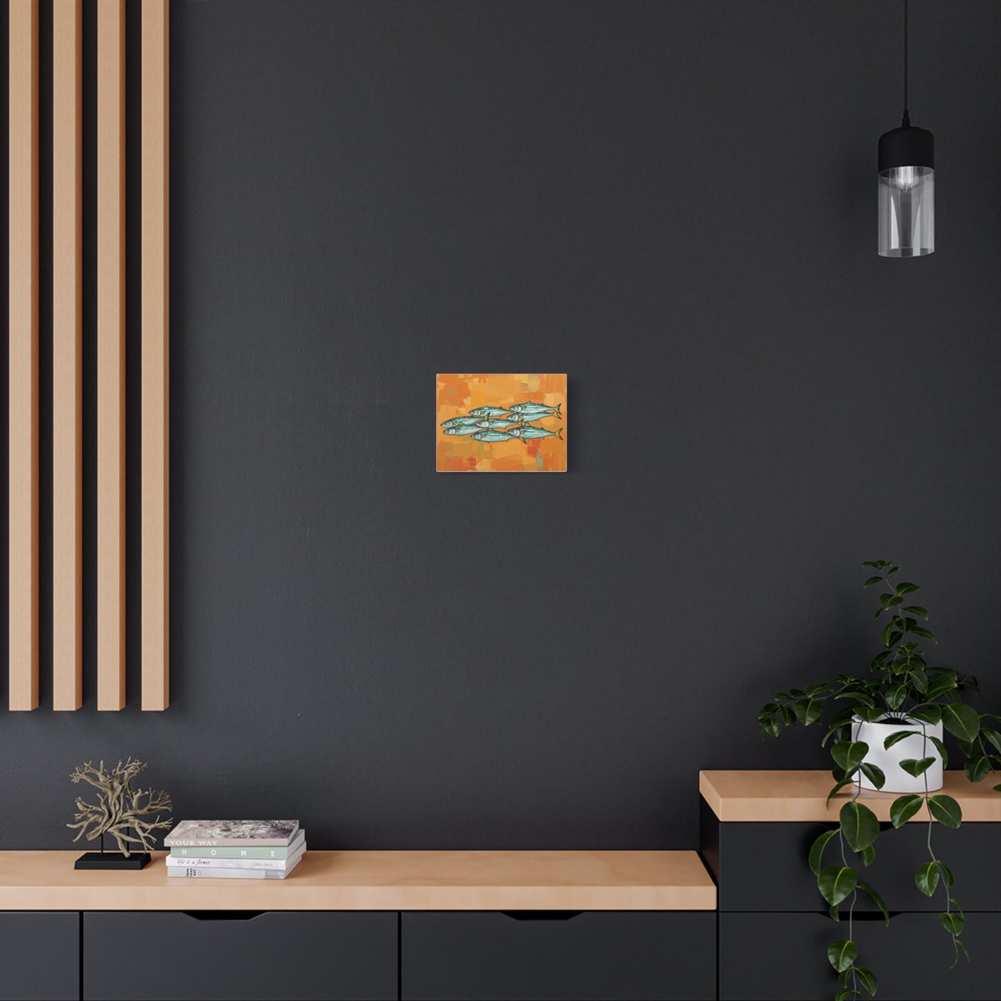 School of Mackerel Canvas Wall Art — Nautical Fish Painting on Orange Background