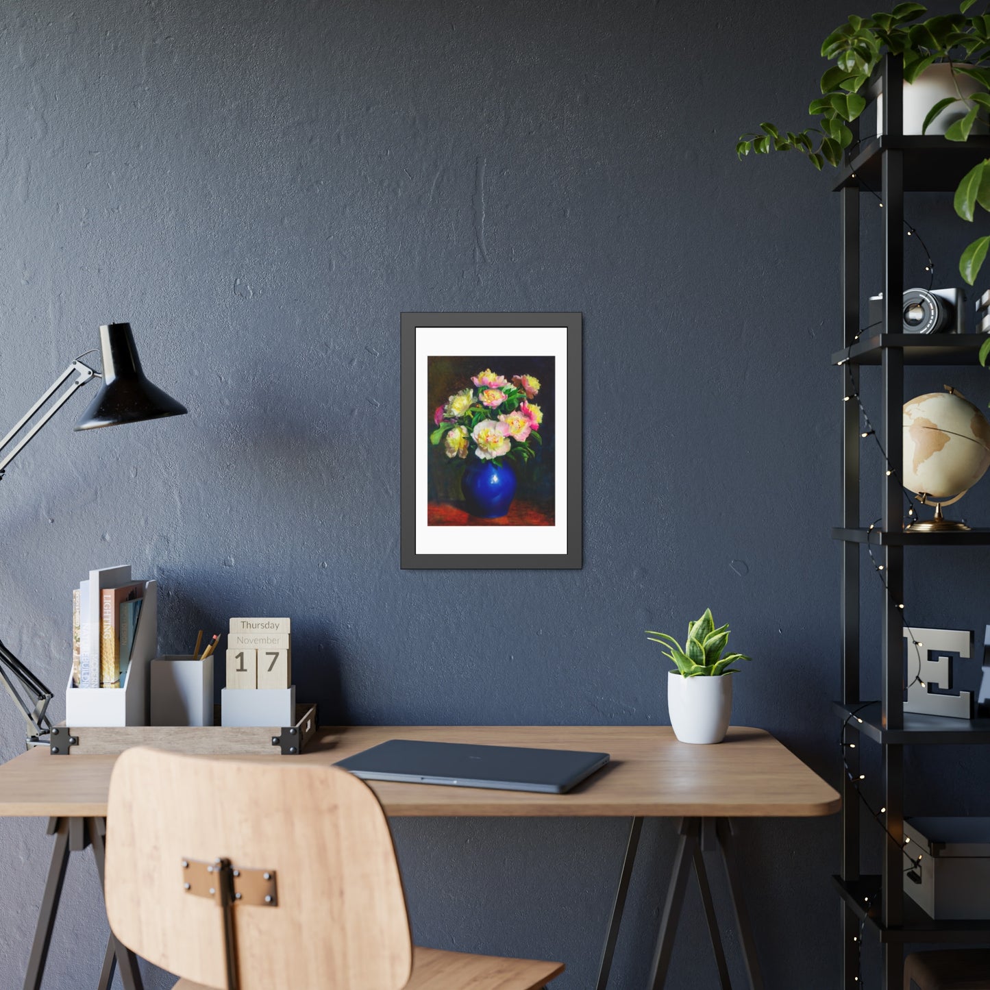 Framed Floral Poster — Pink Peonies in Blue Vase Wall Art
