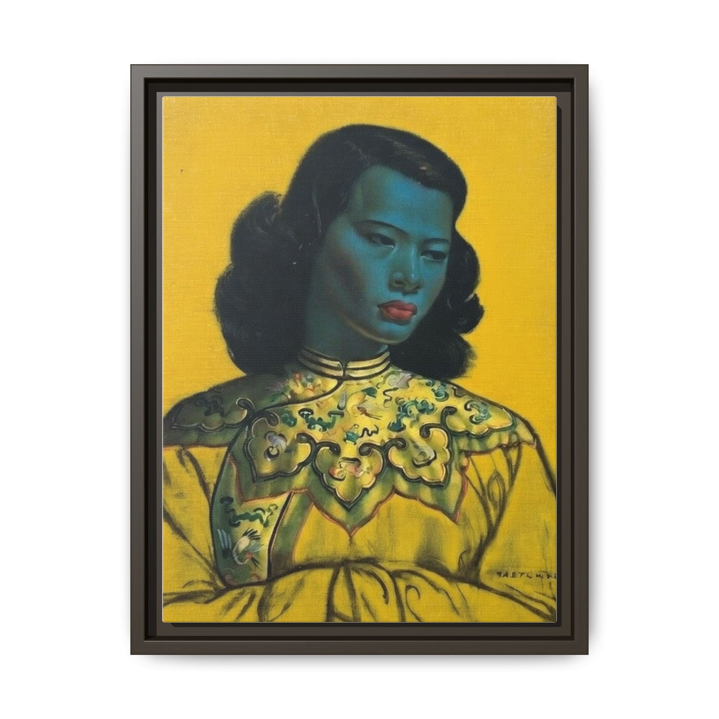 Framed Matte Canvas Art Print — Vintage Portrait with Yellow Background
