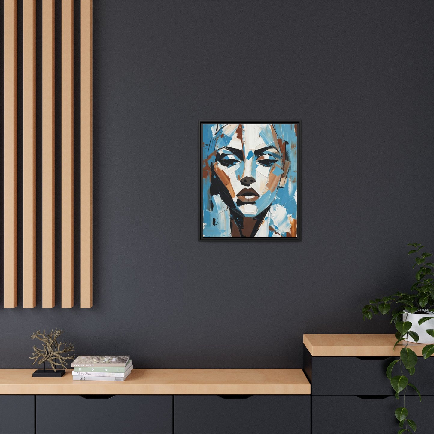Abstract Blue Face Matte Canvas Wall Art — Framed Modern Portrait Print